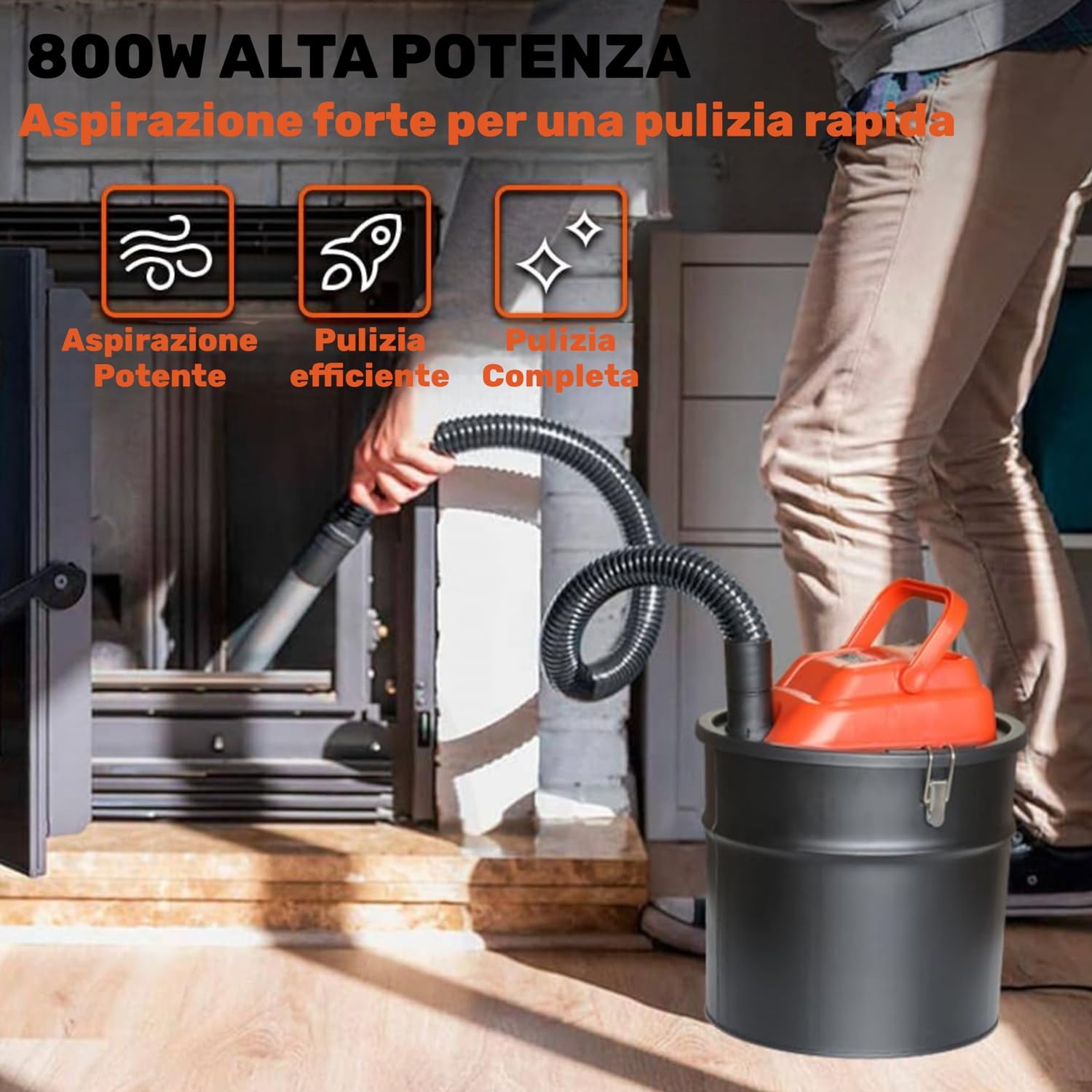 Bidone Aspiracenere Senza Sacco 800W 18LT con filtro HEPA Potenza di Aspirazione 16 KPA Tubo da 1,3 mt Becco in Alluminio Aspira Cenere per Camino Stufa a Pellet Barbecue con Funzione Soffiante