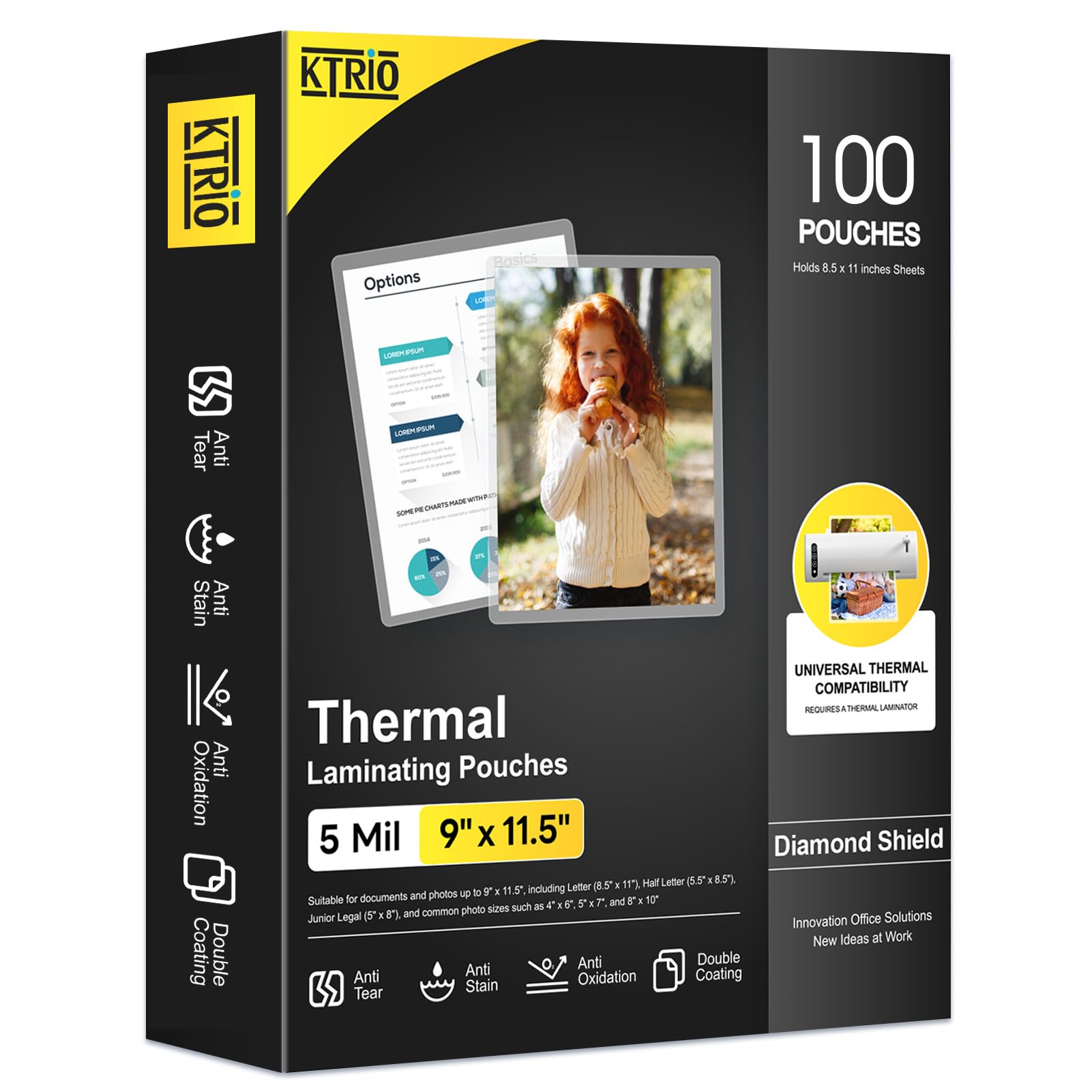 KTRIO 5 MIL Laminating Sheets, Hold 8.5 x 11 Inches, 100 Pack Thermal Laminating Pouches, 9 x 11.5 Laminate Sheets for Laminator, Clear Lamination