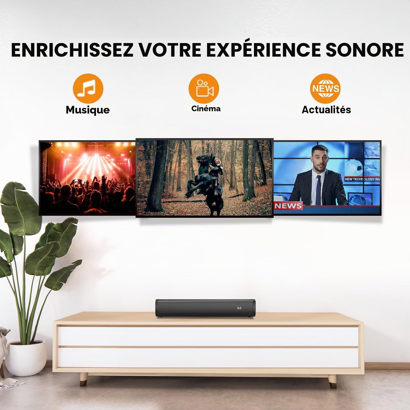 Petites barres de son 2.1 canaux pour TV avec 6 niveaux d'amélioration de la voix, caisson de basses intégré, haut-parleurs de barre de son BT de 16 pouces avec connexion optique/AUX/USB, S100