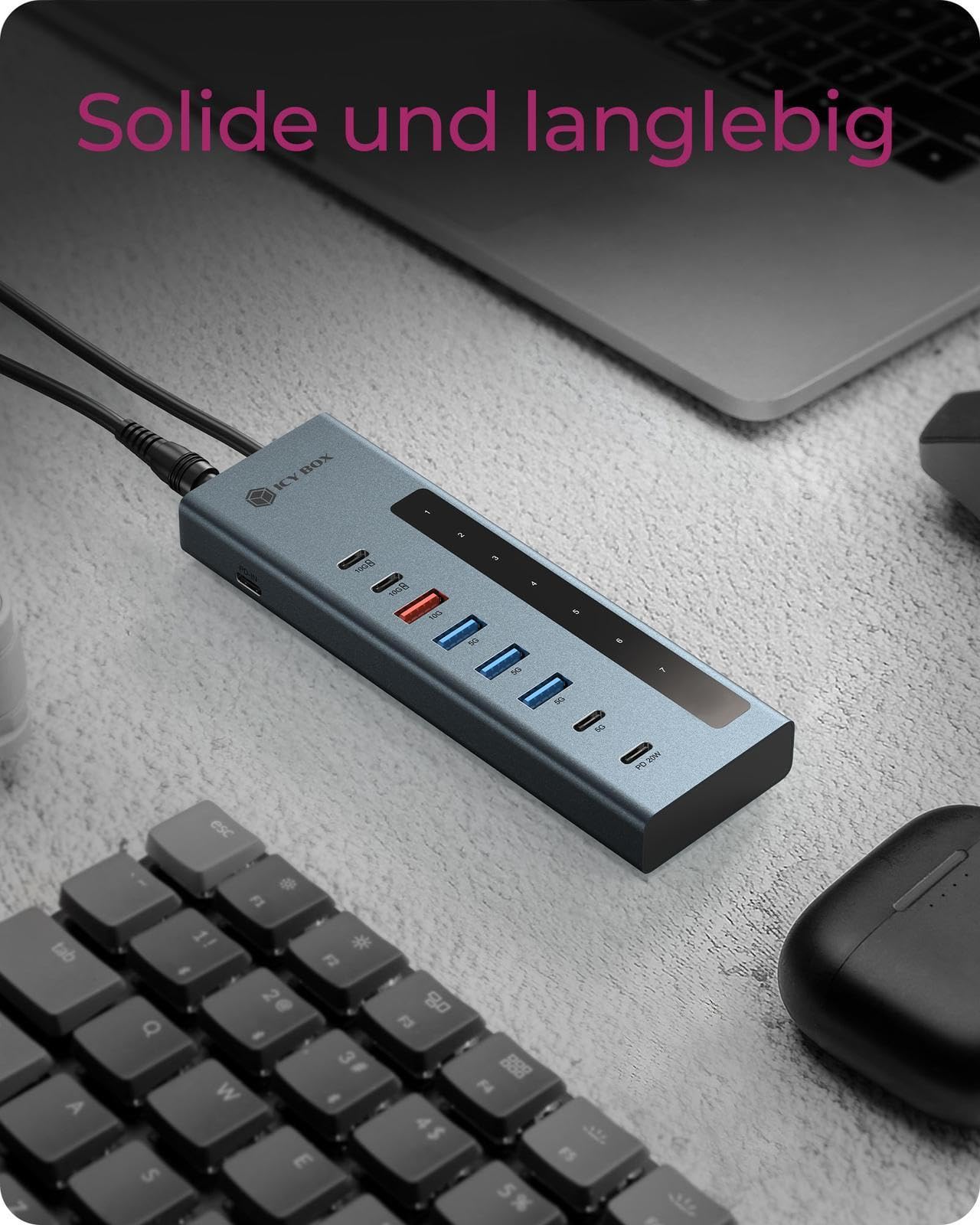 ICY Box, Hub USB C/A 9 in 1, 2 X USB-C & 4 X USB-A, 10 Gbit/s, 100 W PD, 20 W, porta di ricarica in alluminio, adattatore di alimentazione 12 V/4 A, IB-HUB1743-CPD