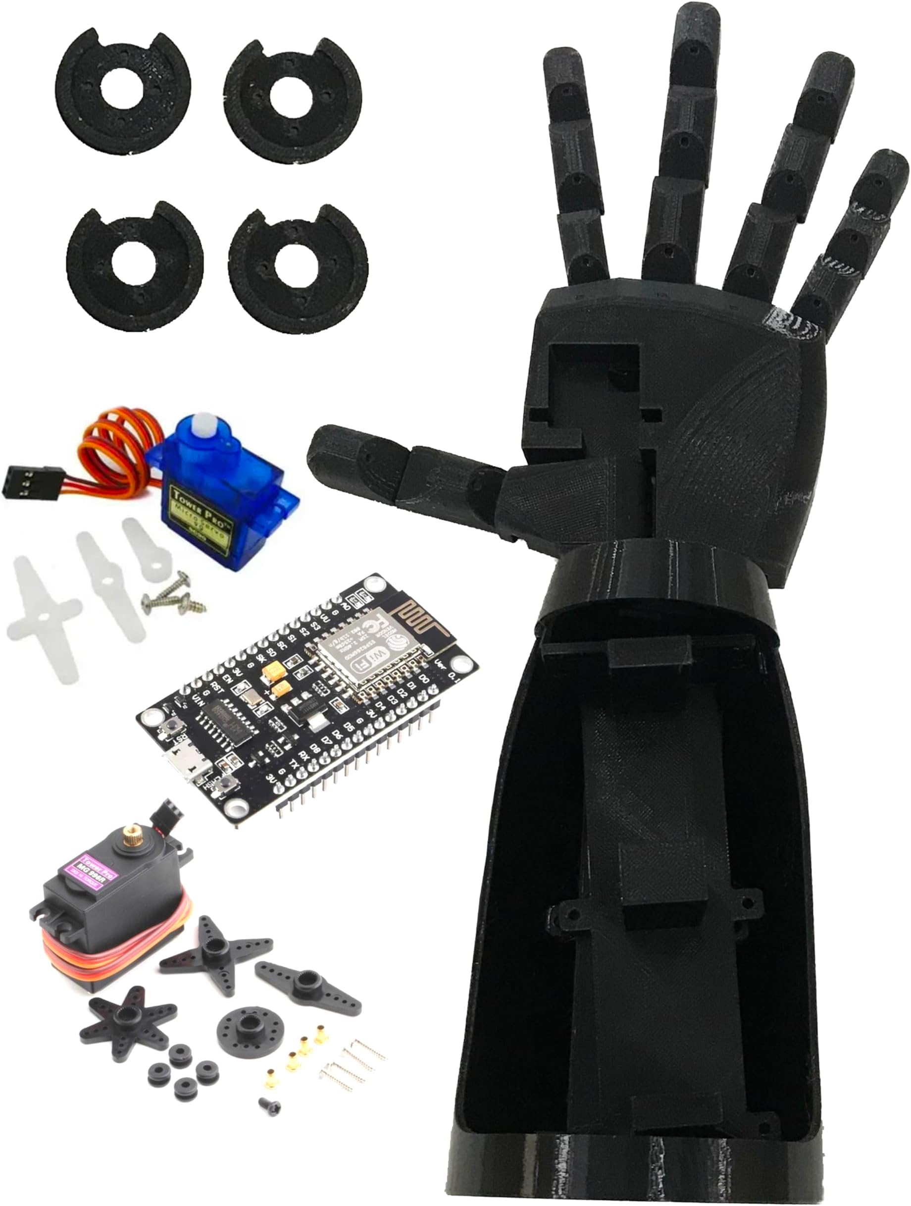VAALI 3D Printed Non-Assembled Robotic Hand DIY Kit (Black) | 5 Motors + 1 ESP8266 Wi-Fi | 4X MG996R + SG90 | Plastic | STEM Kit for Robotics & Engineering for School Project
