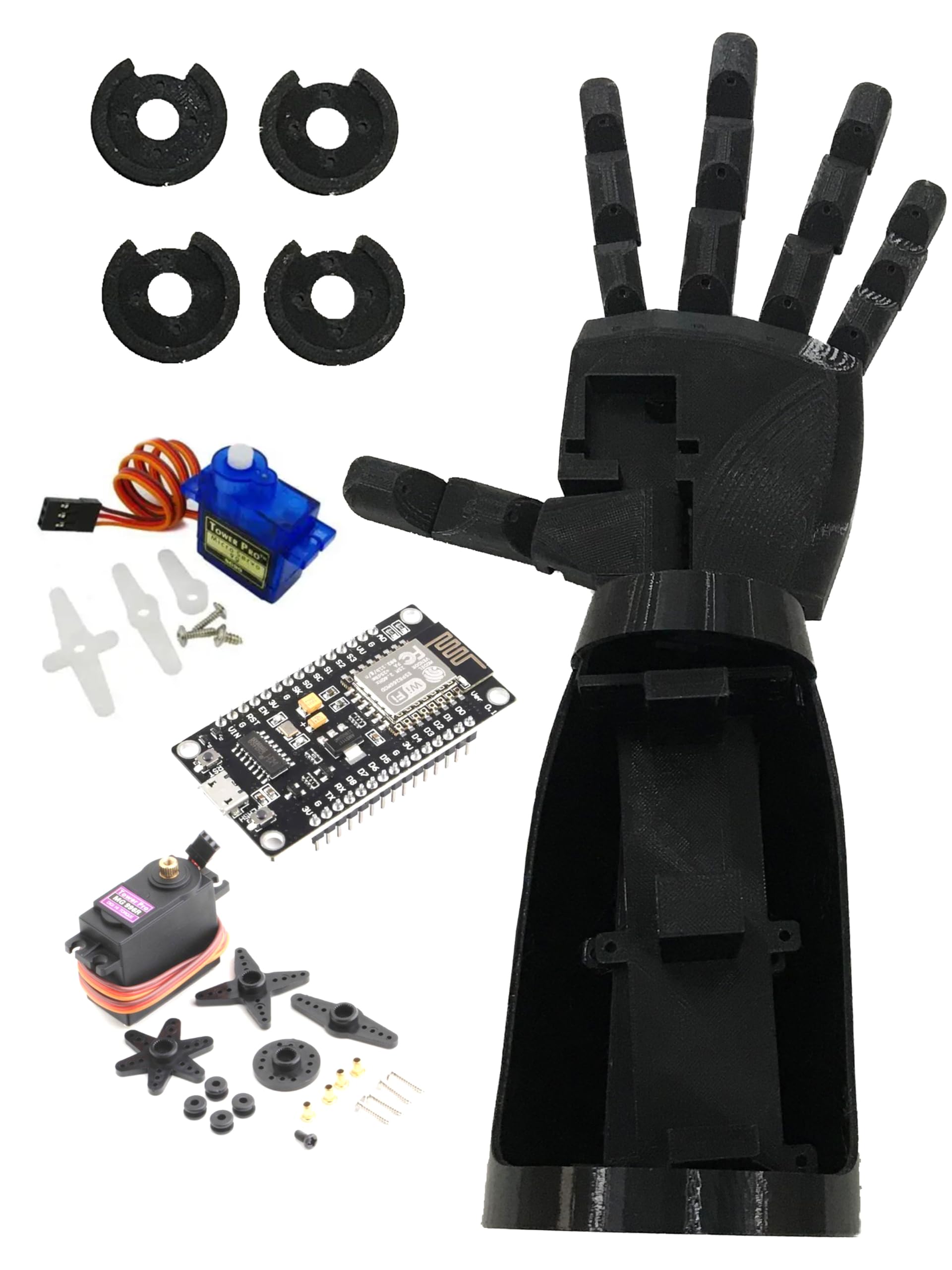 VAALI 3D Printed Non-Assembled Robotic Hand DIY Kit (Black) | 5 Motors + 1 ESP8266 Wi-Fi | 4X MG996R + SG90 | Plastic | STEM Kit for Robotics & Engineering for School Project