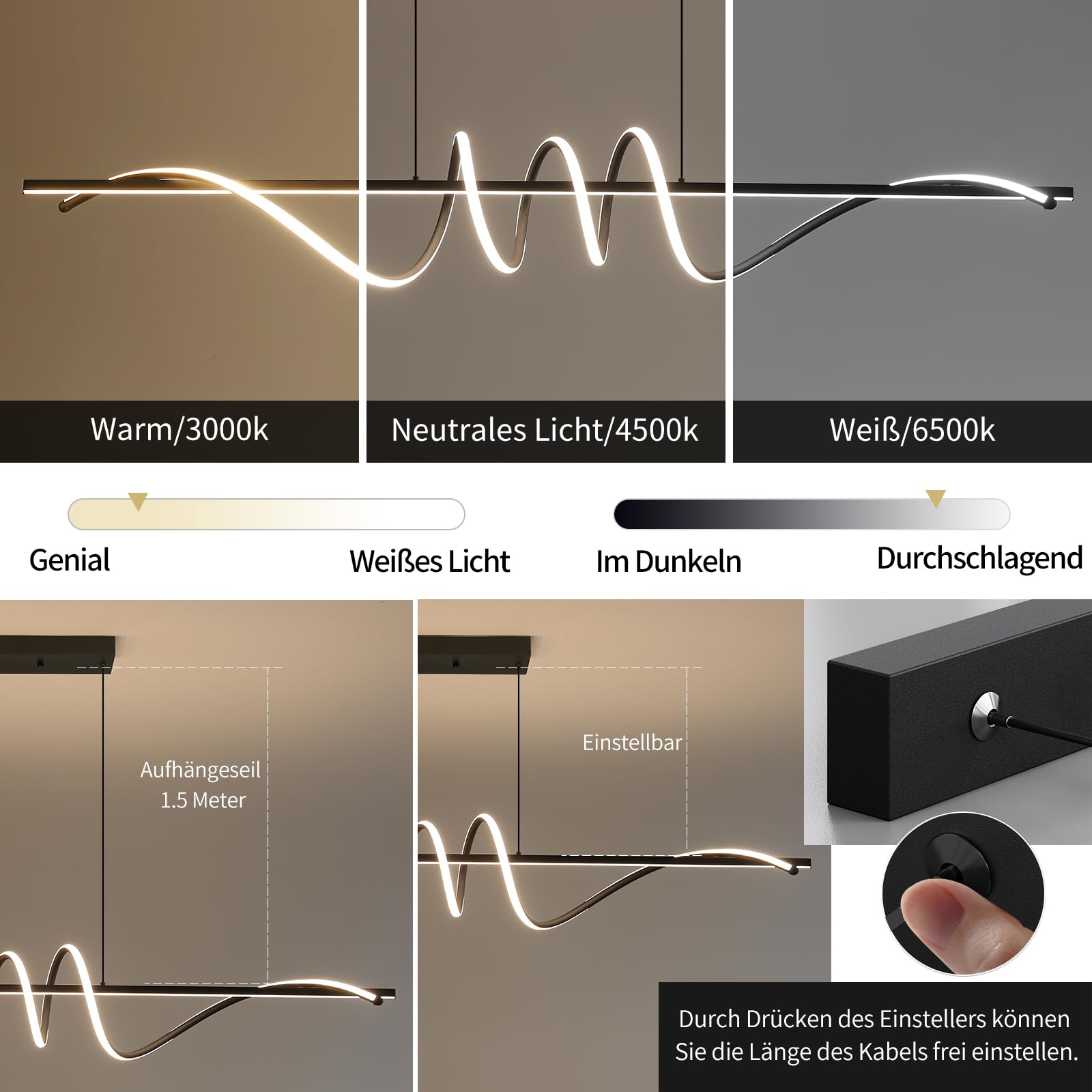 Mikeru Lampada a Sospensione Moderna a LED, 150cm Spirale Lampadario con Funzione Memoria Colore Nero Dimmerabile 10-100% 3000k/4500k/6000k Lampadario LED Soffitto Moderno per Cucin, Soggiorno