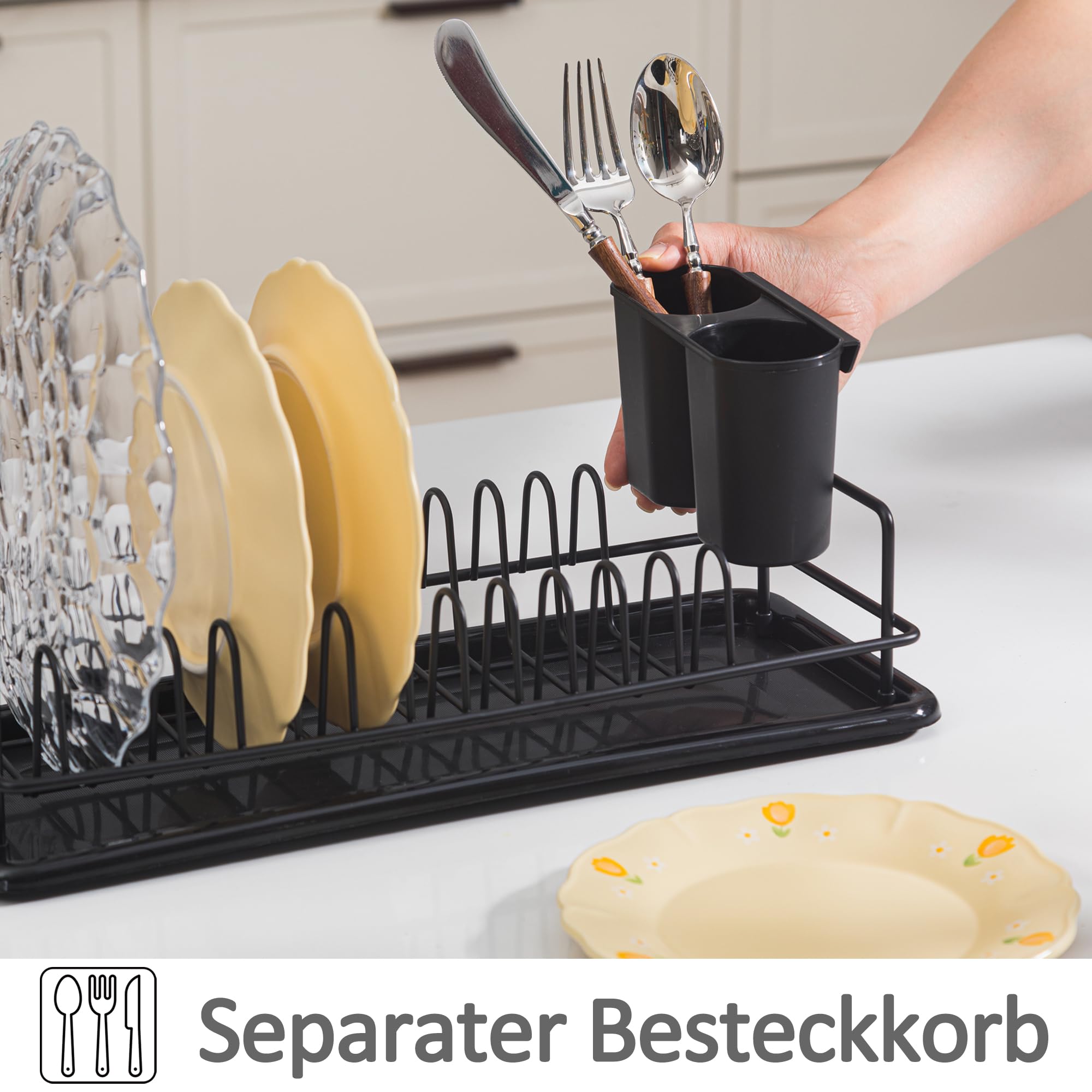 Abtropfgestell Geschirr klein, Geschirrabtropfgestell mit Abnehmbarer Haken und abtropfschale, Geschirr abtropfständer für Spüle, bis zu 12 Teller + Besteck, 41 x 17 x 10cm (schwarz)