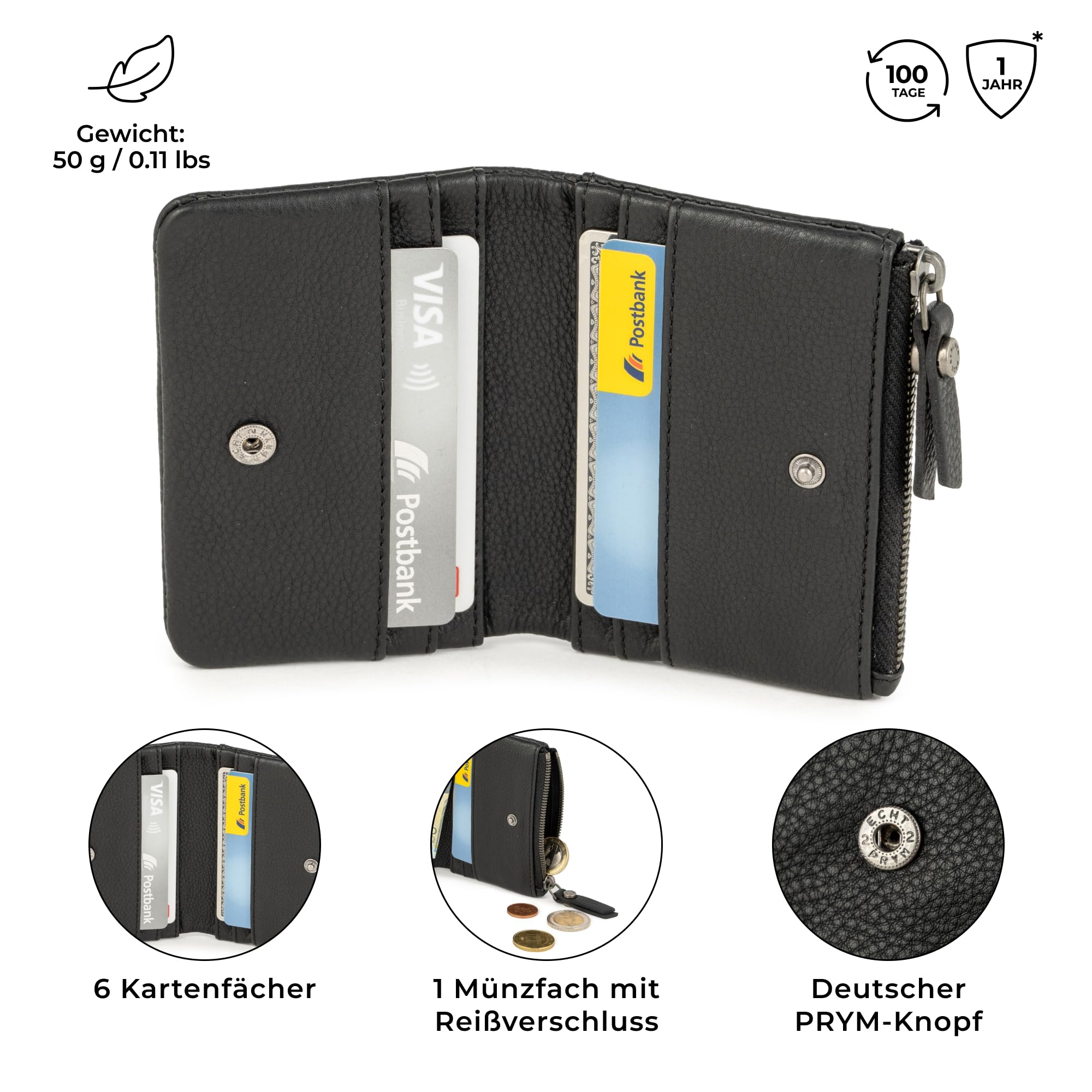 Berliner Bags Klein Geldbörse Leder Cleo Premium mit RFID-Schutz - Schwarz