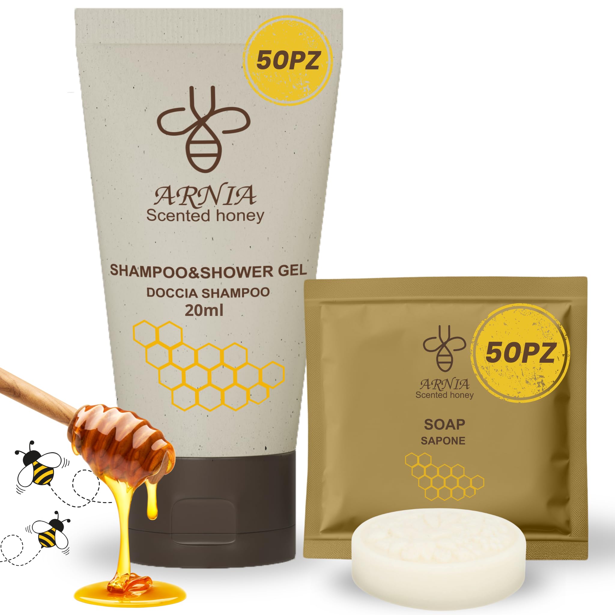 Kit Cortesia B&B Hotel Albergo Bagno Monouso 100 pezzi 50x Doccia Shampoo 20ml 50x Sapone Tondo 15g Flow Pack