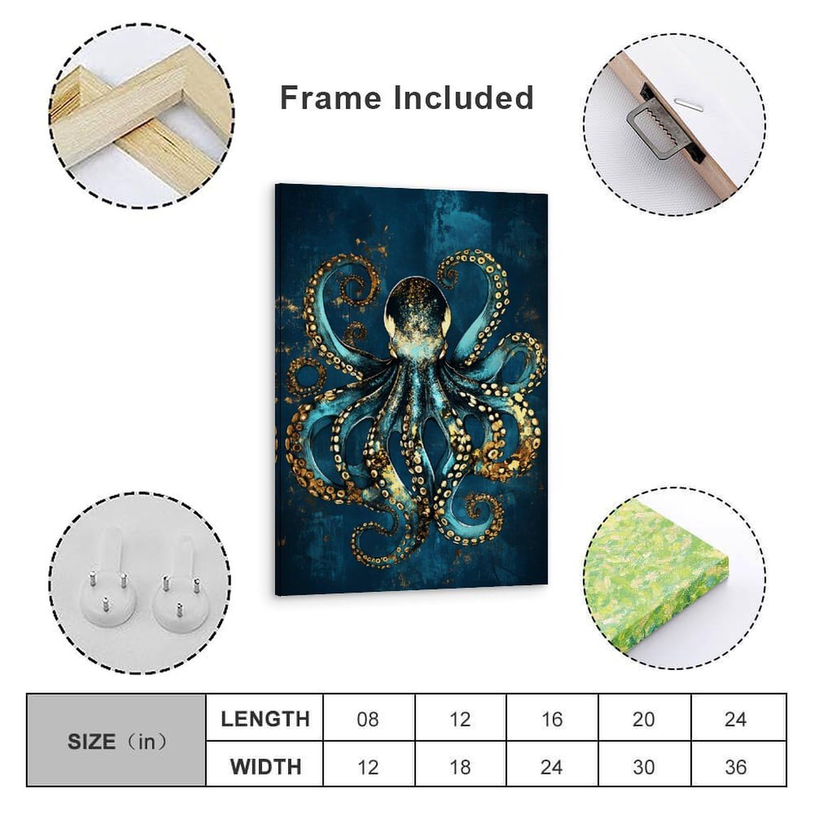 Séa Lifé inspiriertes abstraktes blau-goldenes Oktopus-Kunstwerk, elegante hängende Gemälde, Poster, Wandkunst für Wohnzimmer, Innendekoration, 60 x 90 cm