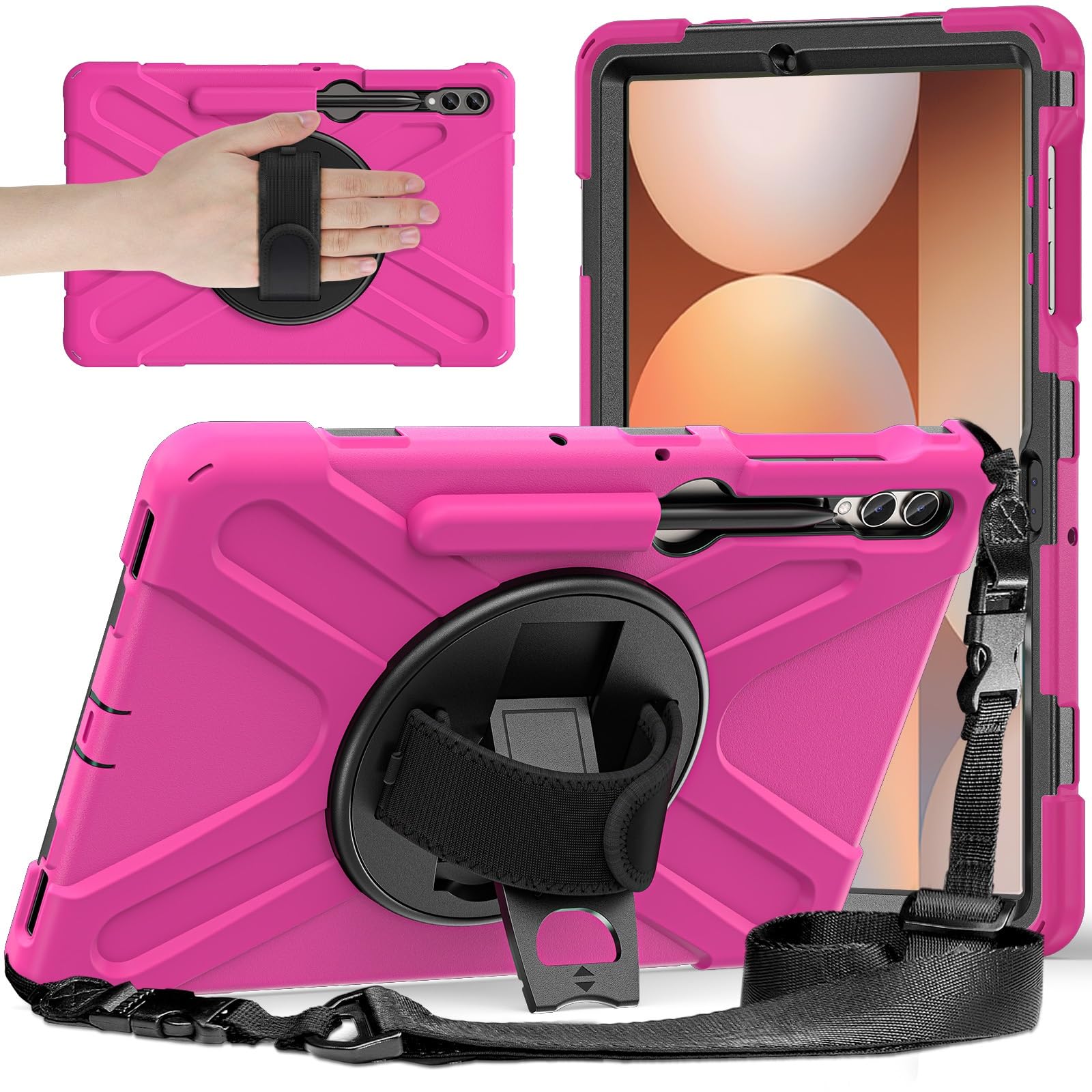 Kompatybilny z etui Samsung Galaxy Tab S9 FE Plus SM-X610/SM-X616 12,4 cala, wytrzymałe, odporne na wstrząsy uchwytem długopis, paskiem ramię, ochronne(Rose)