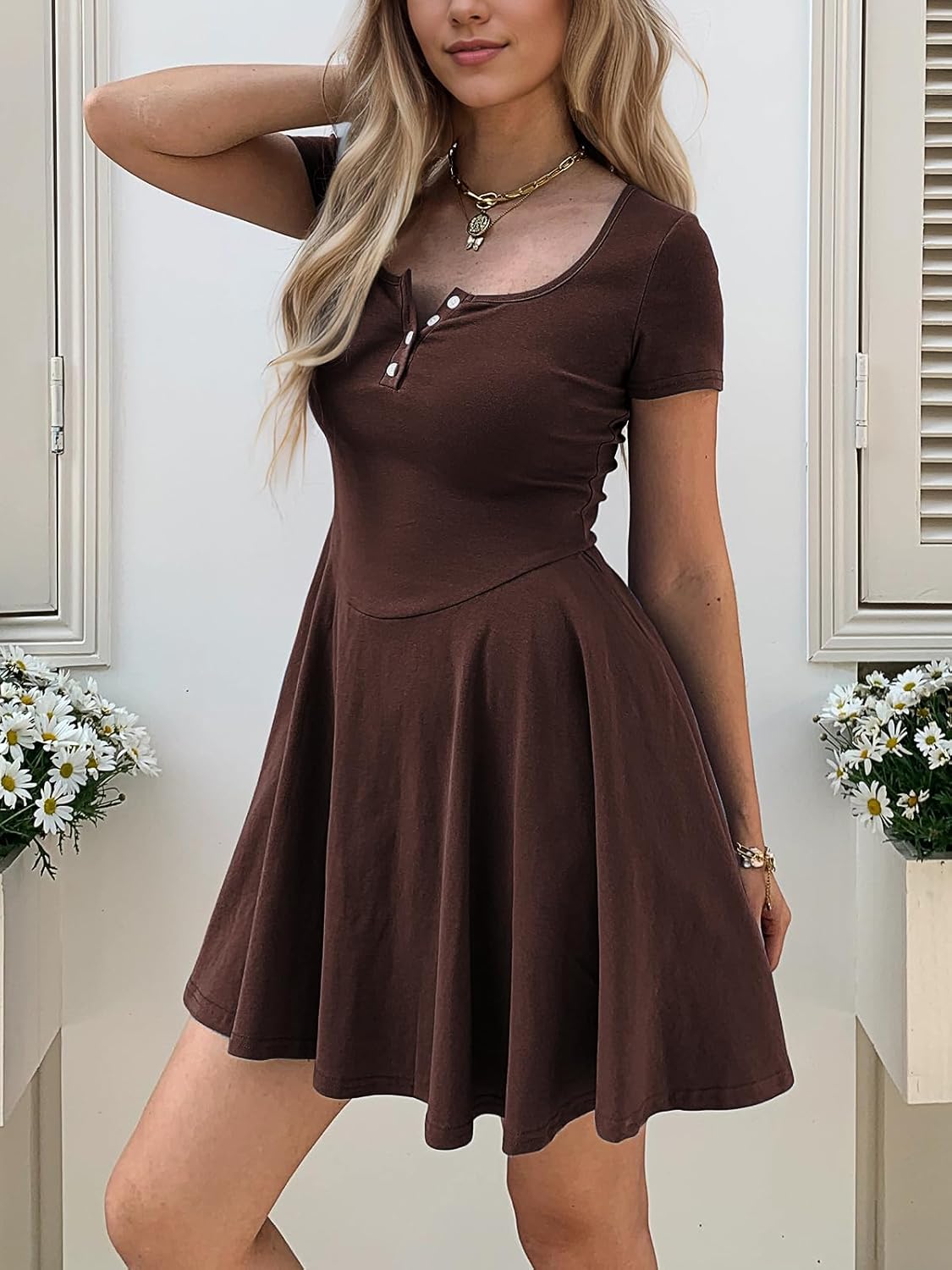 Women Summer Square Neck Mini Dresses Button Down Drop Waist T Shirt Dress Short Swing Sundress with Pockets - Image 2