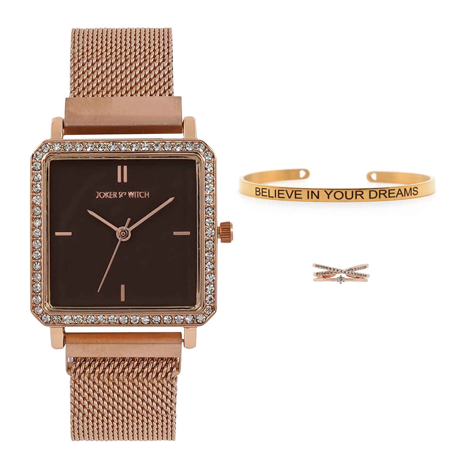 Joker & Witch Stainless Steel Women Shiny Hay Love Triangle Analogue Watch, Brown Dial, Rose Gold Band (B0C862NWFX) Amazon Price History, Amazon Price Tracker