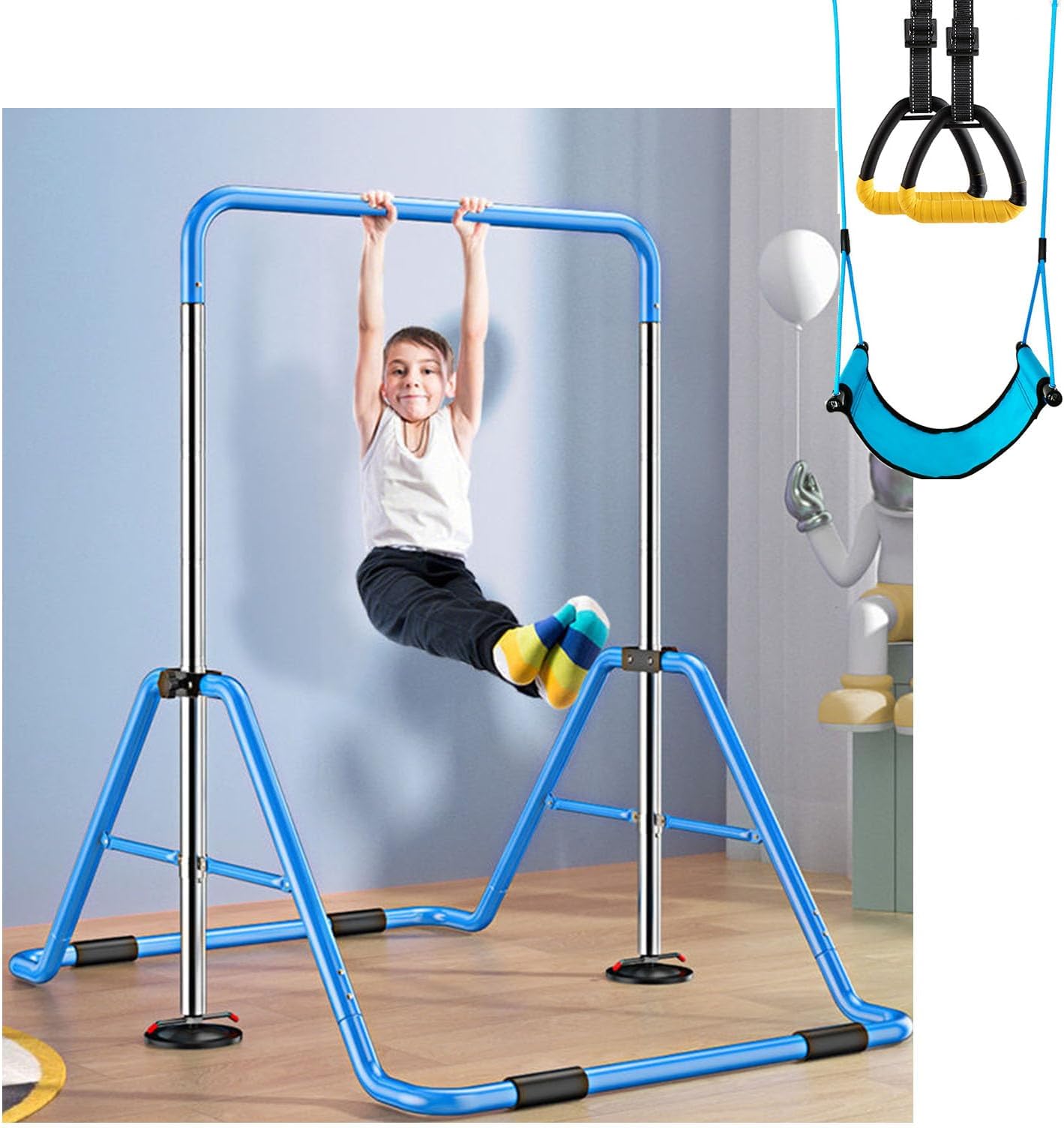 Folding Kids Pull Up Bar,Indoor Toddler Pull-Up Trainer & Gymnastics Bar,100kg Capacity,Adjustable Height 90-150cm(with 2 rings and 1 set of swings)