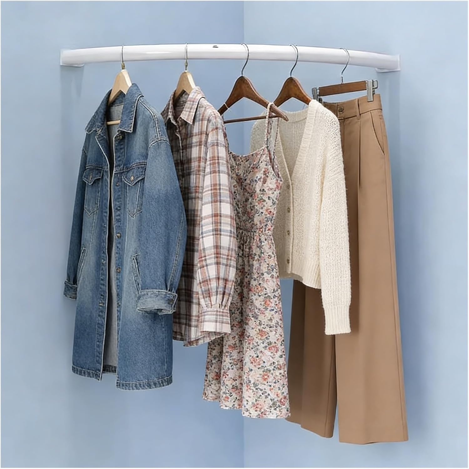 Closet Rod Curved Corner Wardrobe Rod for Wall, Metal Iron Wardrobe Hanger Bar Garment Pole, Laundry Room Bedroom Clothes Drying Rack(White,120x120cm/47.2x47.2in)