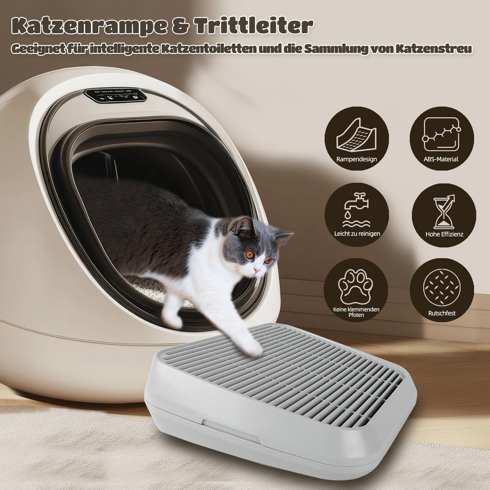 Katzenrampe für Katzentoilette, Katzen-Trittleiter mit Filterfunktion, doppellagige, waschbare und leicht zu reinigende Katzentoilettenmatte, geeignet für kleine und ältere Katzen (grau)
