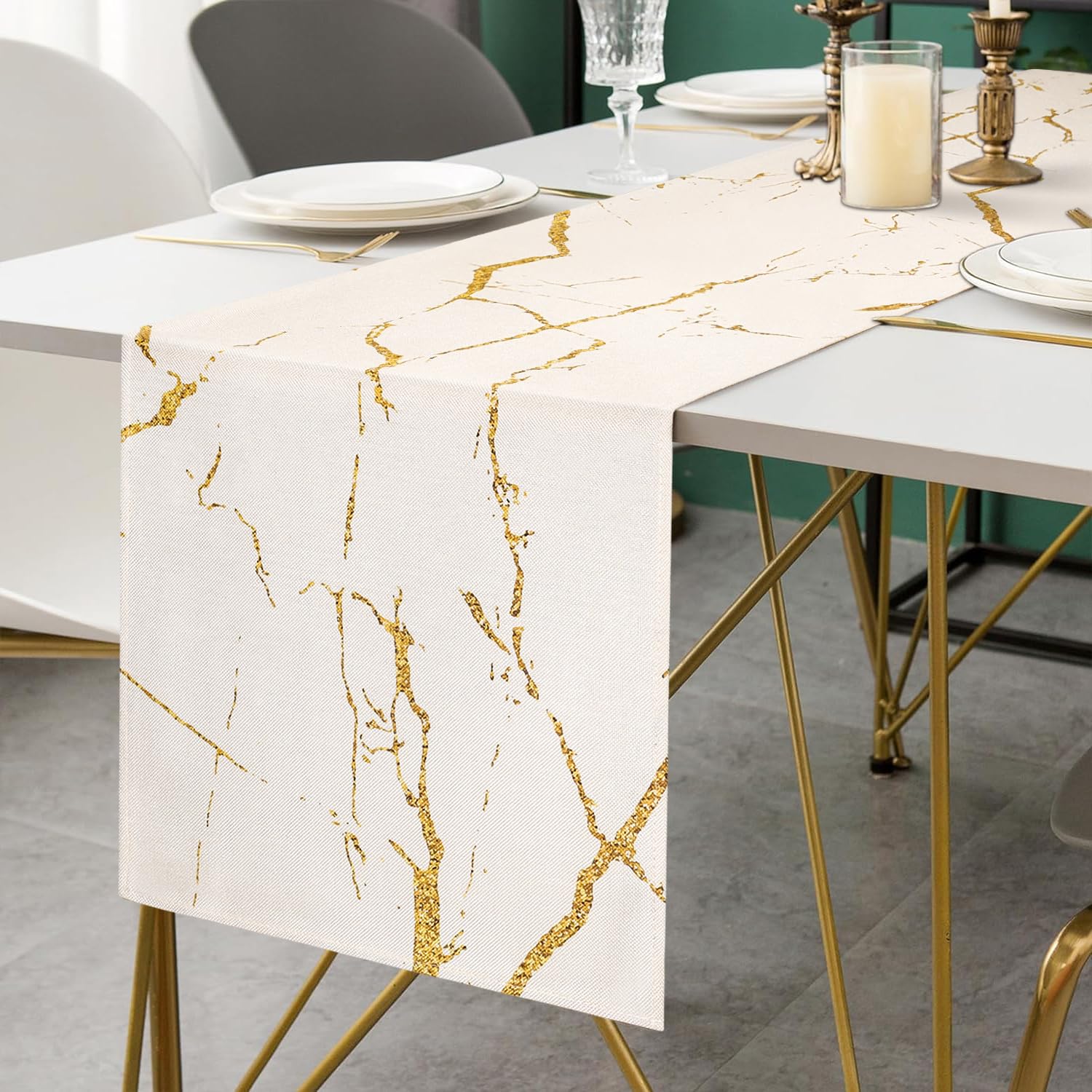 Chemin de Table de Printemps en Lin Moderne D'été 33x183 cm Chemin de Table en Marbre Noir avec Texture Dorée Nappe D'art Abstrait pour Fête Mariage Cuisine Salon