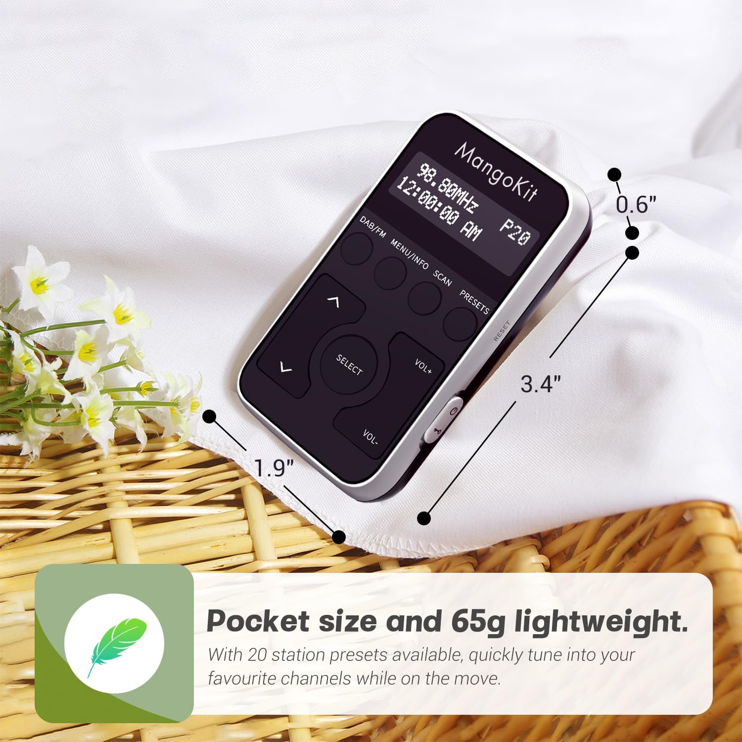 MangoKit MP1S radio with dimensions indicated