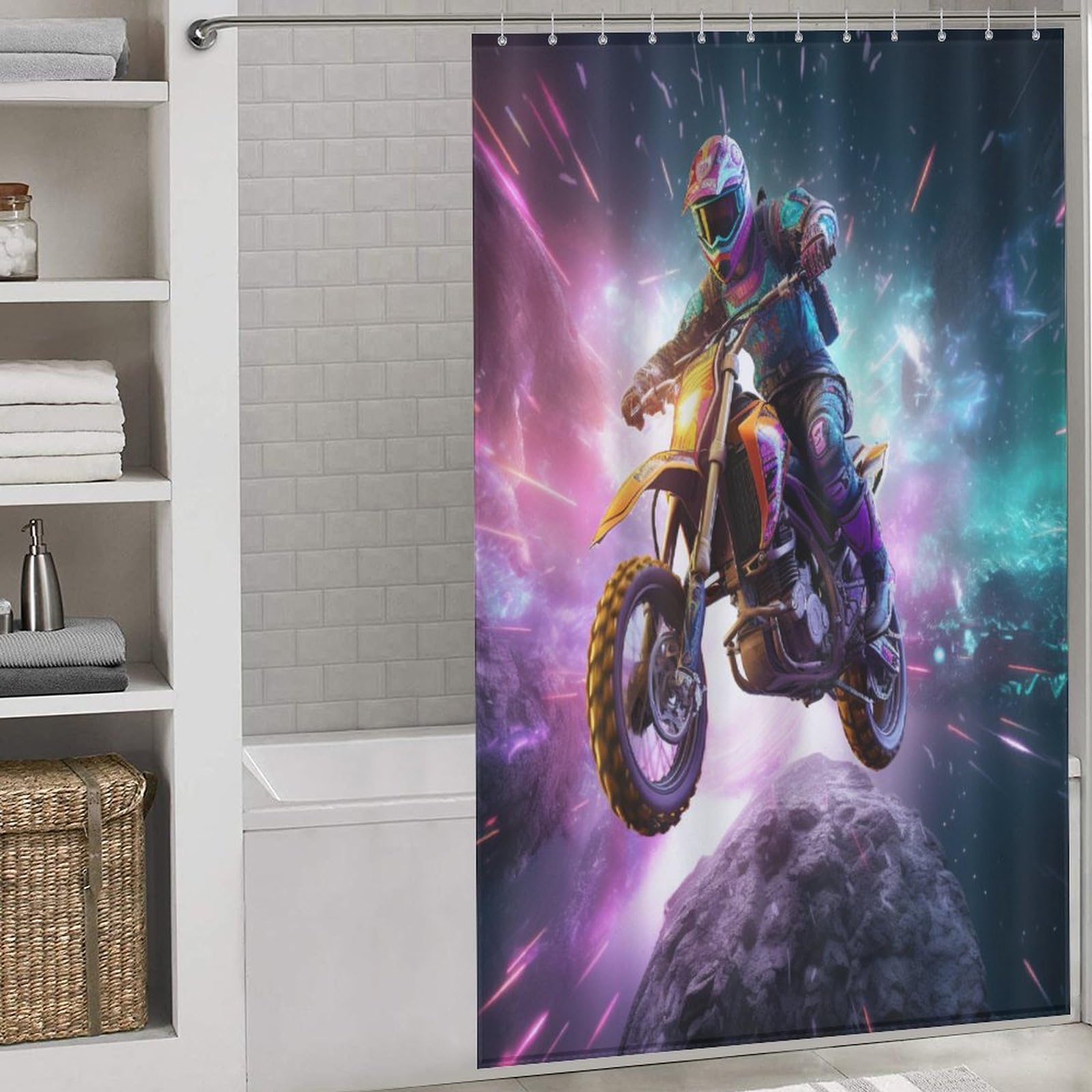 Rideau de douche motocross en tissu lavable pour moderniser votre salle de bain