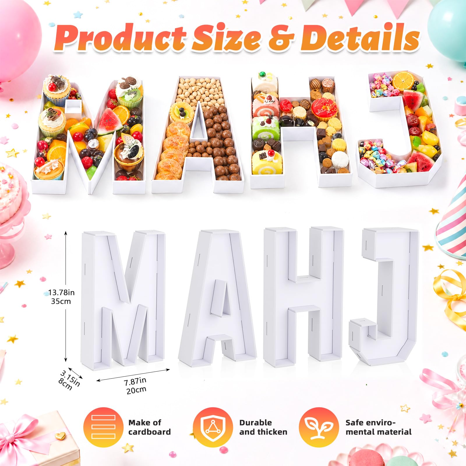 Blushtier 4 letras de embutidos Mahjong rellenables, bandejas de cartón blanco MAHJ de 13.78 pulgadas, buzones rellenables para aperitivos de frutas, galletas, dulces, decoración de mesa de fiesta