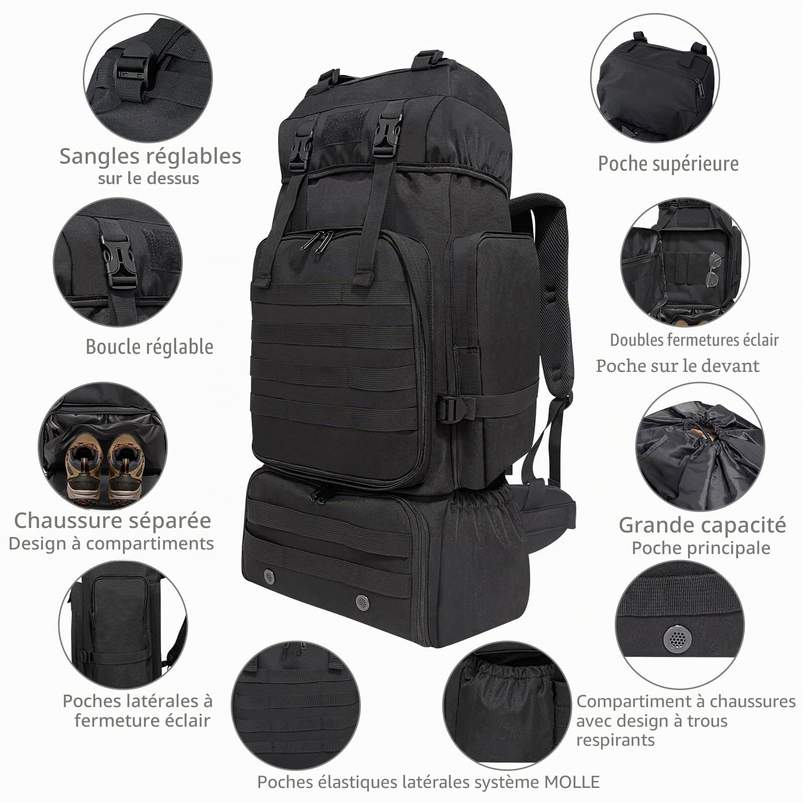 Sac à dos de randonnée, sac à dos tactique militaire Molle de 80 L, sac à dos de camping avec compartiment à chaussures, sac à dos léger pour homme, sac à dos de voyage, sac à dos de survie sac