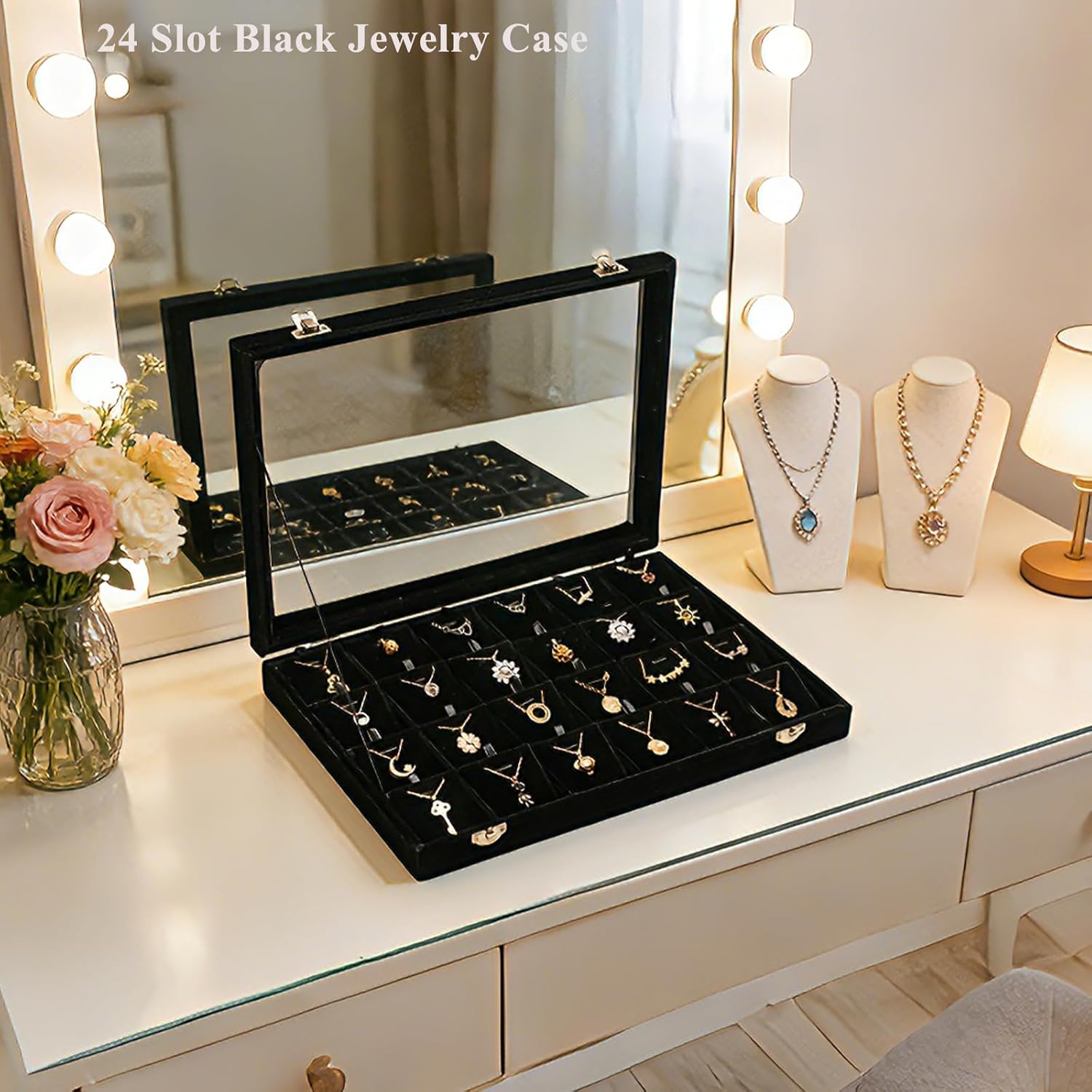 Jewelry Box Necklace Organizer Tray (Black) Necklace Display Case for Storage Jewelry Necklaces Display Stand 24 Slot Pendant Holder for Women