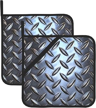 Diamond Plate Crome Pattern Pot Holders Set of 2 Kitchen Heat Resistant Potholder Waterproof Thickened Oven Hot Pad for Microwave BBQ Cooking Baking 8 X 8 Inch