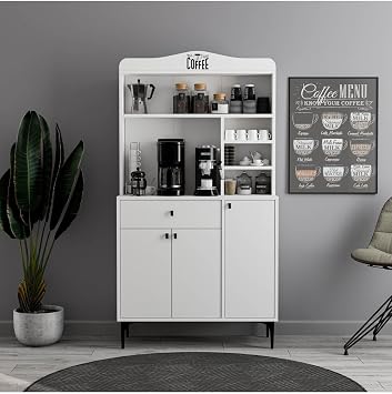 Mezza 5220 Siesta 90 Cm Coffee Corner Multi-Purpose Cabinet 3 Lids 1 Drawer Pantry Kitchen Cabinet White