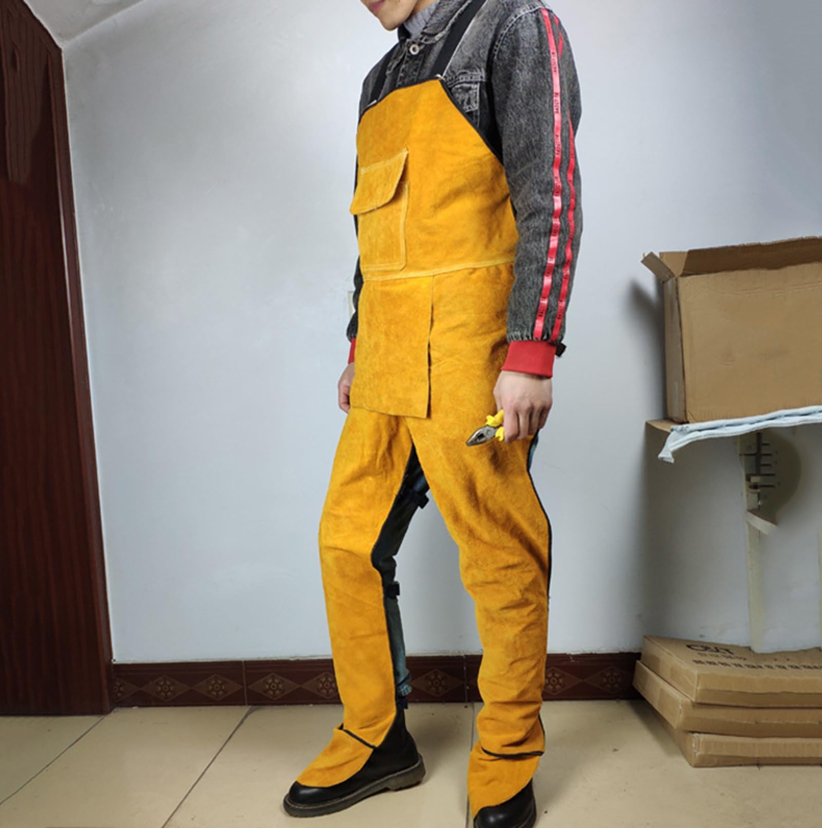 FaroLy Los Hombres de Cuero Delantal de Soldadura Pierna Split Heavy Duty Resistente al Calor Llama Babero Delantal con Bolsillos para Herramientas