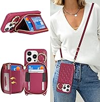 Vista 29 de Funda tipo cartera con bandolera para iPhone 15 Pro Max, funda de piel sintética con cierre de cremallera, funda tipo atril con ranuras para Oro Rosa