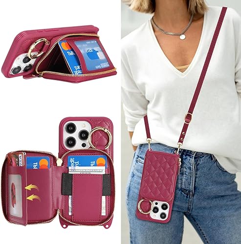 Miniatura 29 de Funda tipo cartera con bandolera para iPhone 15 Pro Max, funda de piel sintética con cierre de cremallera, funda tipo atril con ranuras para Oro