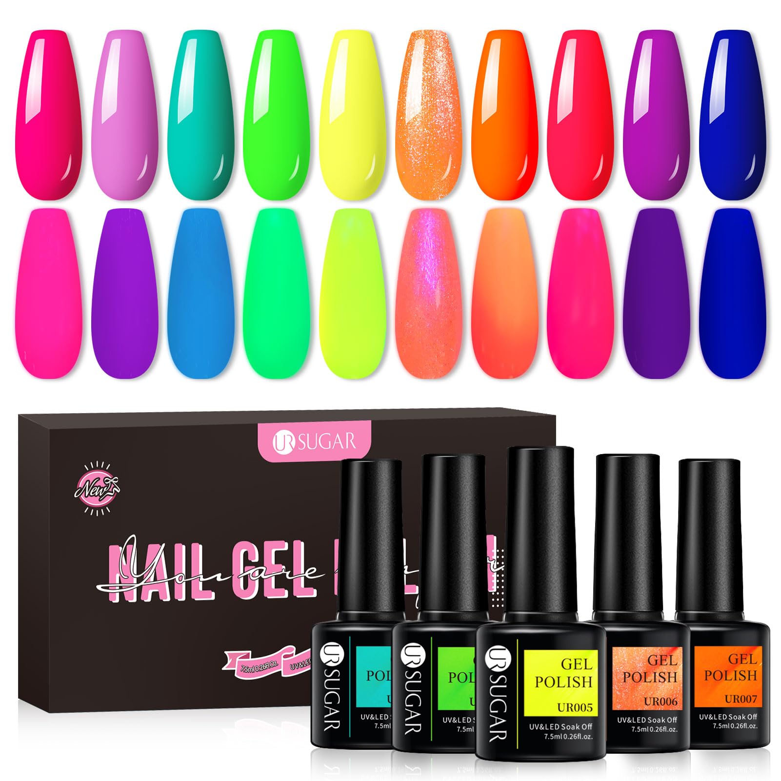 UR SUGAR Neon Gel Nail Polish Set, 10 Colors Hot Pink Orange Yellow Green Blue Red Purple Neon Pastel Color Spring Summer Nail Polish Fluorescent Gel Polish Soak Off Nail Art Gifts Set for Women
