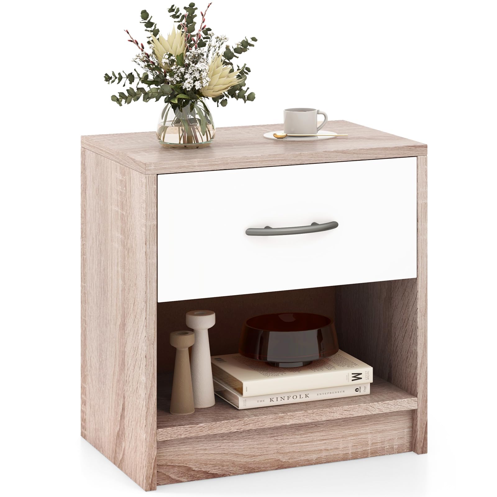 CASART 1 Drawer Bedside Cabinet, Modern Bedside Table with Drawer & Open Shelf, 2-Tier Wooden Nightstand Slim End Table for Bedroom Living Room Small Spaces, 38 x 28 x 40cm (Natural + White)