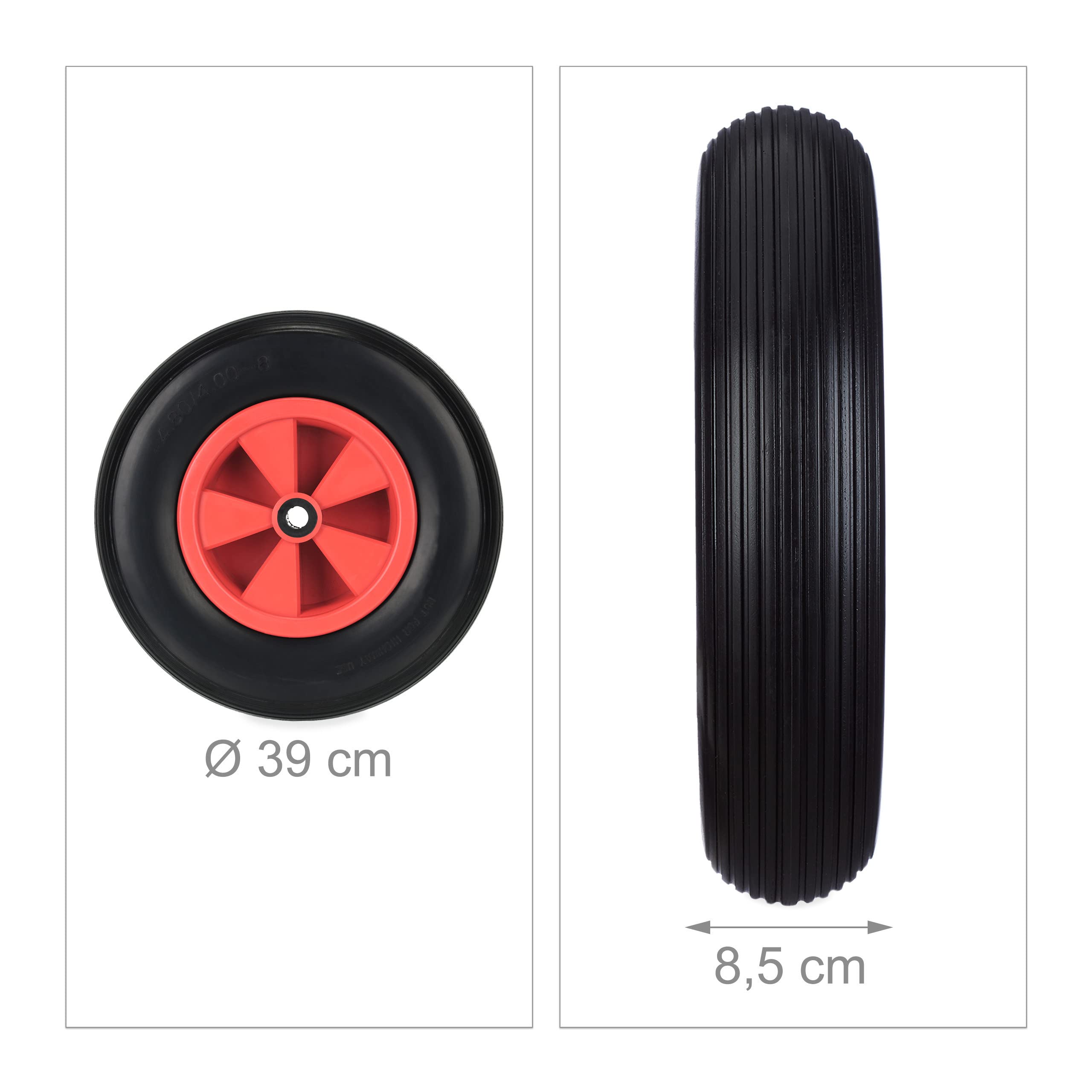 Relaxdays Roue de brouette 4.80/4.00-8, Caoutchouc en PU, Jante Plastique, Charge Max. : 100 kg, increvable, Rouge/Noir