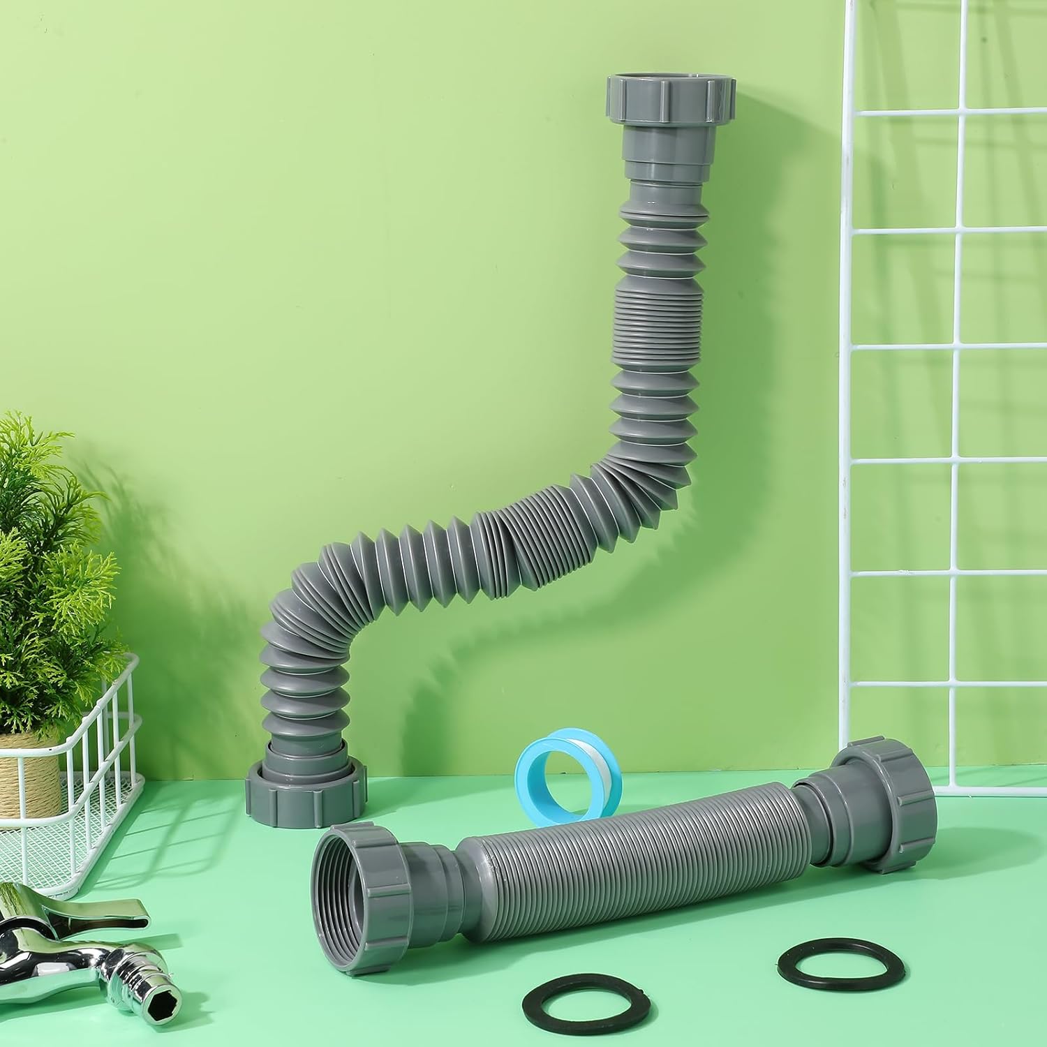 2 Pack Flexible Sink Drain Pipe, Expandable 1-1/2" P Trap Replacement Kit, Universal Adjustable Extension Tube for Bathroom Kitchen Basin Garbage Disposal, Grey, Scalable 9.83-25.9inch