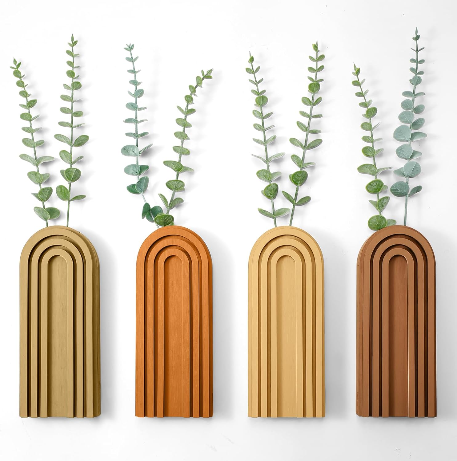 4 Pack Boho Wood Hanging Planters - Indoor Wall Decor Plant Holders for Modern Farmhouse Living Room Bedroom Rainbow Decor (Mixed Colors)
