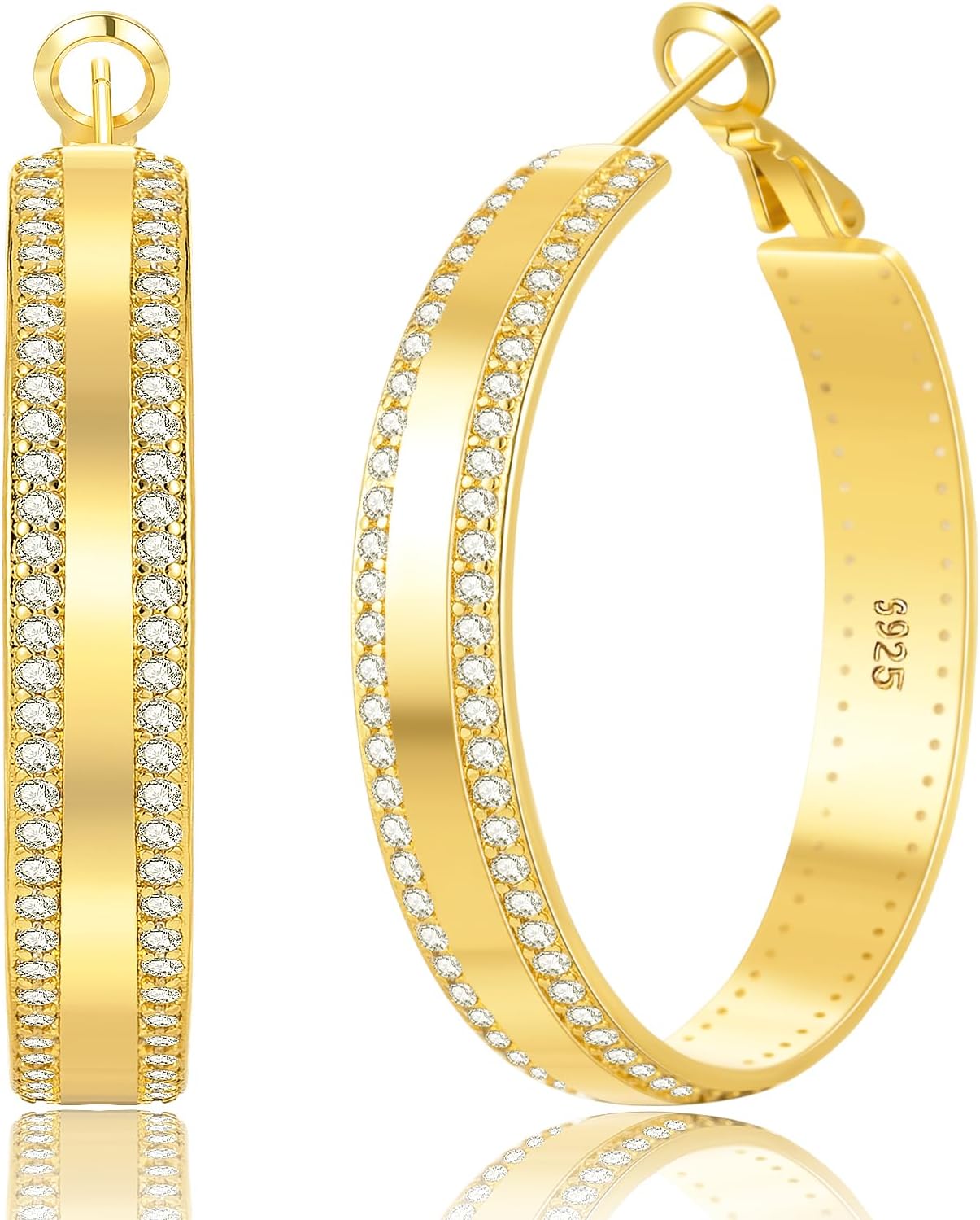 YOUNGYUE Sparkly 925 Sterling Silver Hoop Earrings Non Tarnish Large Rhinestone Hoop Earrings Hypoallergenic Cubic Zirconia Large Silver Chunky Hoop Earrings for Women with Crystal 25/30mm