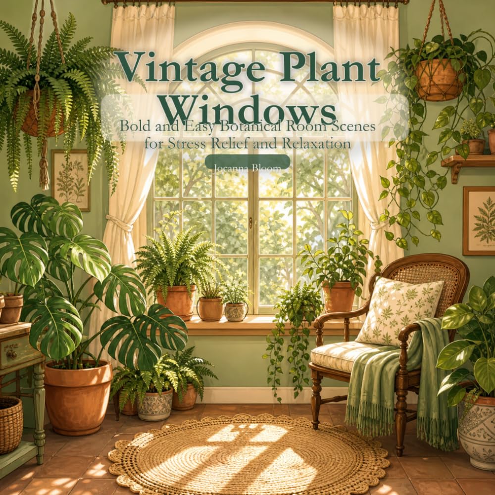 Vintage Plant Windows: Bold and Easy Botanical Room Scenes for Stress Relief and Relaxation