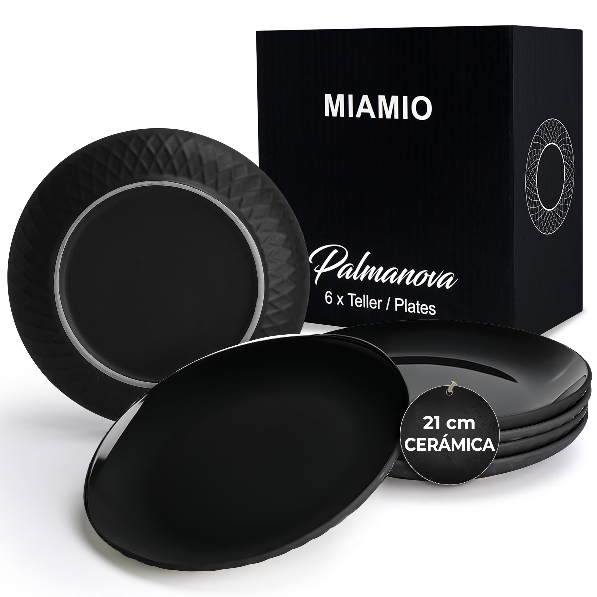 MIAMIO - set de 6 platos cerámicos 21 cm Palmanova (Negro) para cocina | Platos de cerámica para comidas y postres, 21 cm, Palmanova (Negro). Diseño moderno y práctico para cada día en casa.