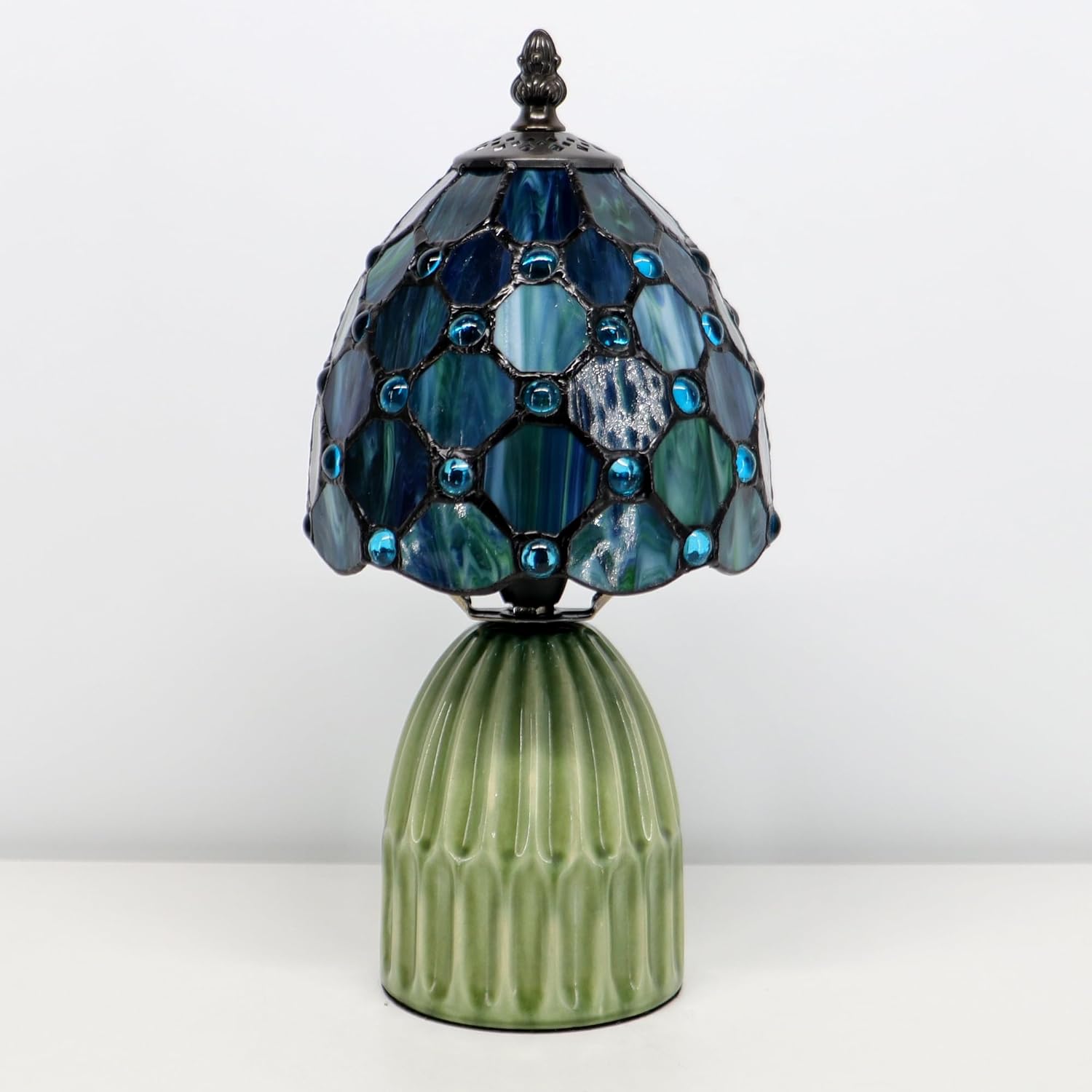 Tiffany Lamp Stained Glass Mushroom Table Lamps 6X6X12.5 Inch Sea Blue Pearl Style Small Night Light Ceramic Base Mini Accent Desk Light Suitable for Bedside Table Bedroom Children Room