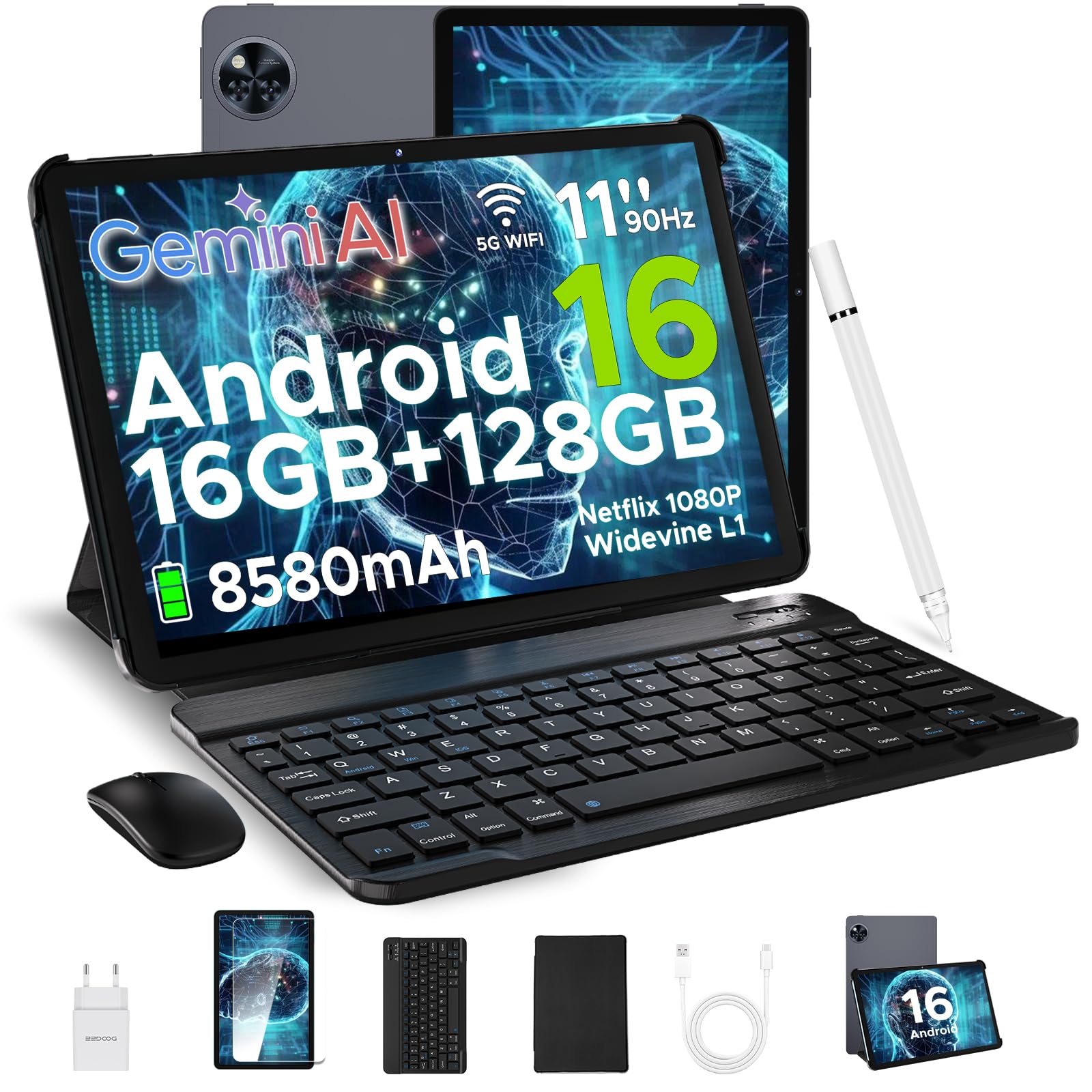 DOOGEE U11 Android 16 Tablet 11 Pollici, 16GB+128GB/2TB TF Tablet con Tastiera, 90Hz, 8580mAh, 7.9mm Thin, Unisoc T7200 Octa Core/13MP/Widevine L1/Face ID, Tablets con Penna & Mouse & Case - Grigio