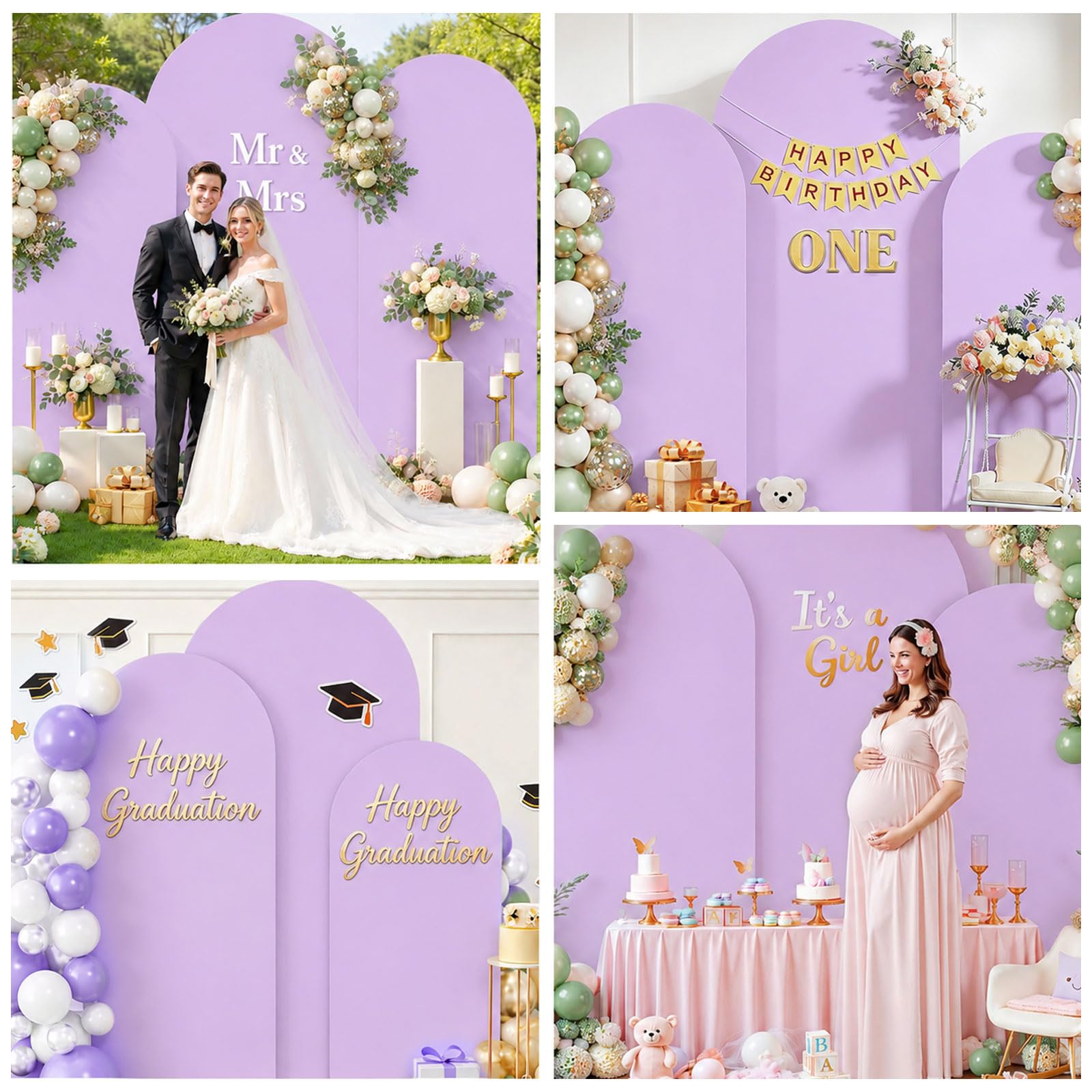 Toile de fond double face avec dessus rond, fond photo pour mariage, anniversaire, cérémonie, fête et banquet (violet, lot de 3)