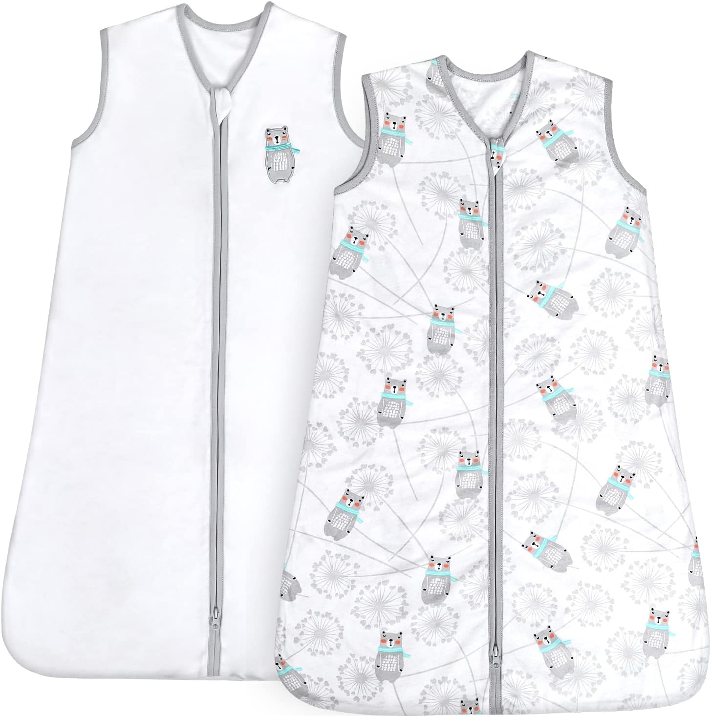 TILLYOU Sleep Sack 12-18 Months - 0.5 TOG Baby Wearable Blanket with 2-Way Zipper, Extra Soft Cotton Sleeveless Sleeping sack 2 Pack, Bear & Dandelion