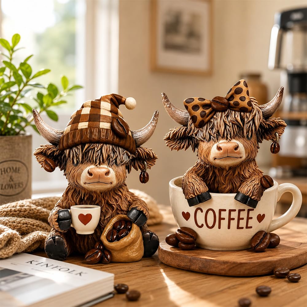 SGZIOO 2 PCS Highland Cow Ornaments, Highland Cow Figurine, Coffee Scottish Calf Lovers Gifts, Resin Statue Calf Lovers Gifts, Ornament for Living Room, Kitchen, Desk, Shelf