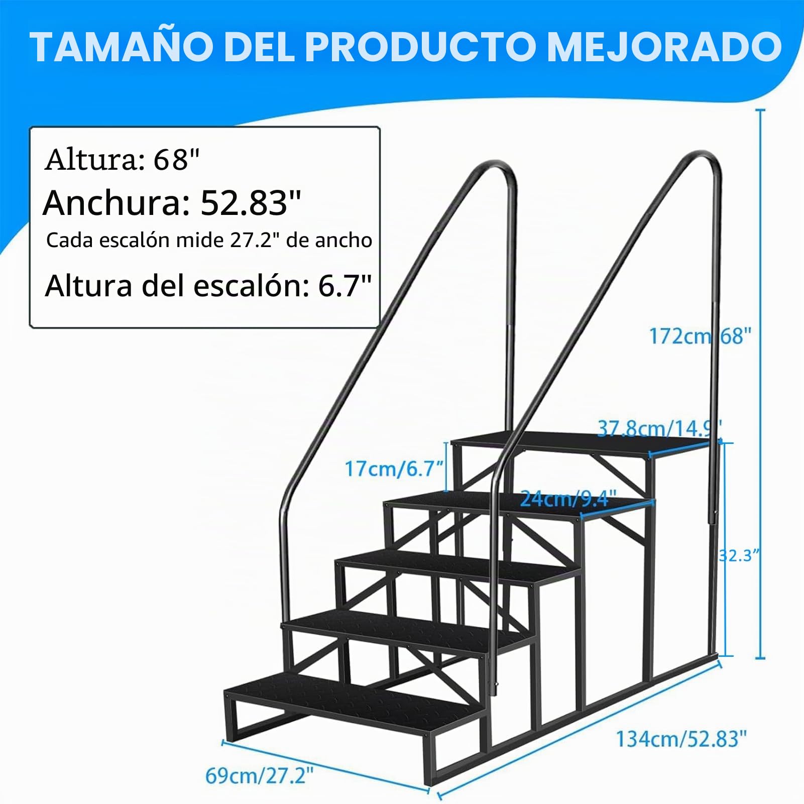 Escalera de Acero Antideslizante Portátil con 5 Ruedas para Caravanas y Piscinas, Doméstica de Exterior con 2 Pasamanos y 5 Peldaños