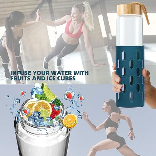 Miniatura 5 de Botellas de agua de vidrio de 32 onzas de borosilicato natural de boca ancha reutilizable con funda de silicona, lindas botellas de agua para