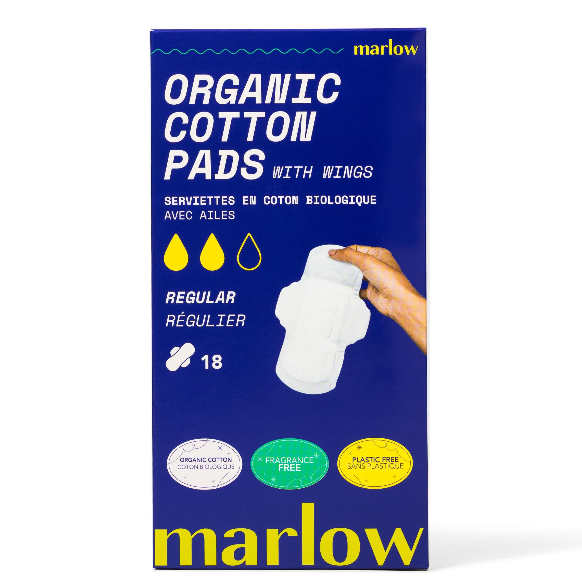 Marlow 100% Organic Cotton Pads - Free from plastic, fragrance, dyes, chlorine-bleaching, Ultra Soft, Leak Proof, Super Absorbent with extra sticky