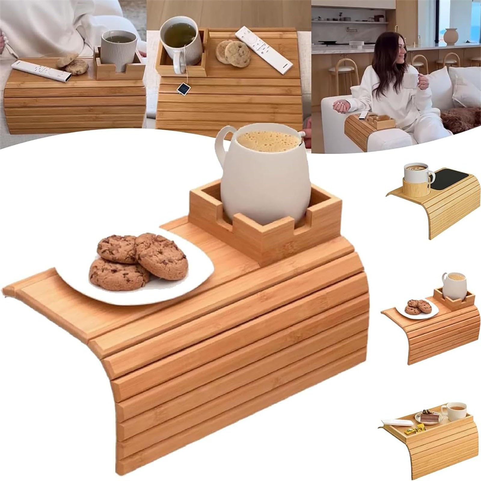 Bandeja plegable de bambú con portavasos extraíble, la bandeja para sofá definitiva para salón