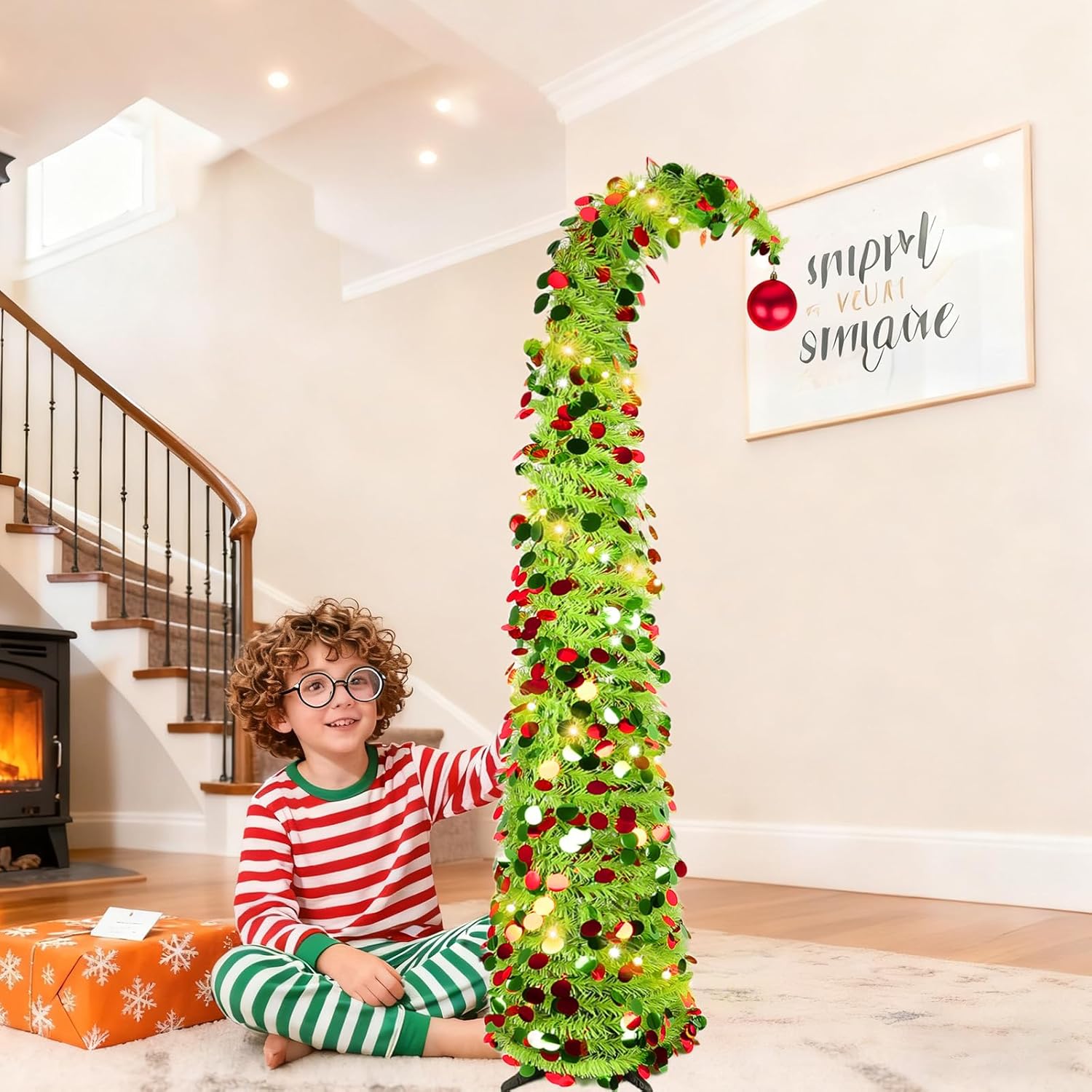 5 FT Pop Up Christmas Tree with Lights, Curved Christmas Tree with Red Ball, Collapsible Artificial Pencil Tree Holiday Decoration for Home, Apartment, Office, Party