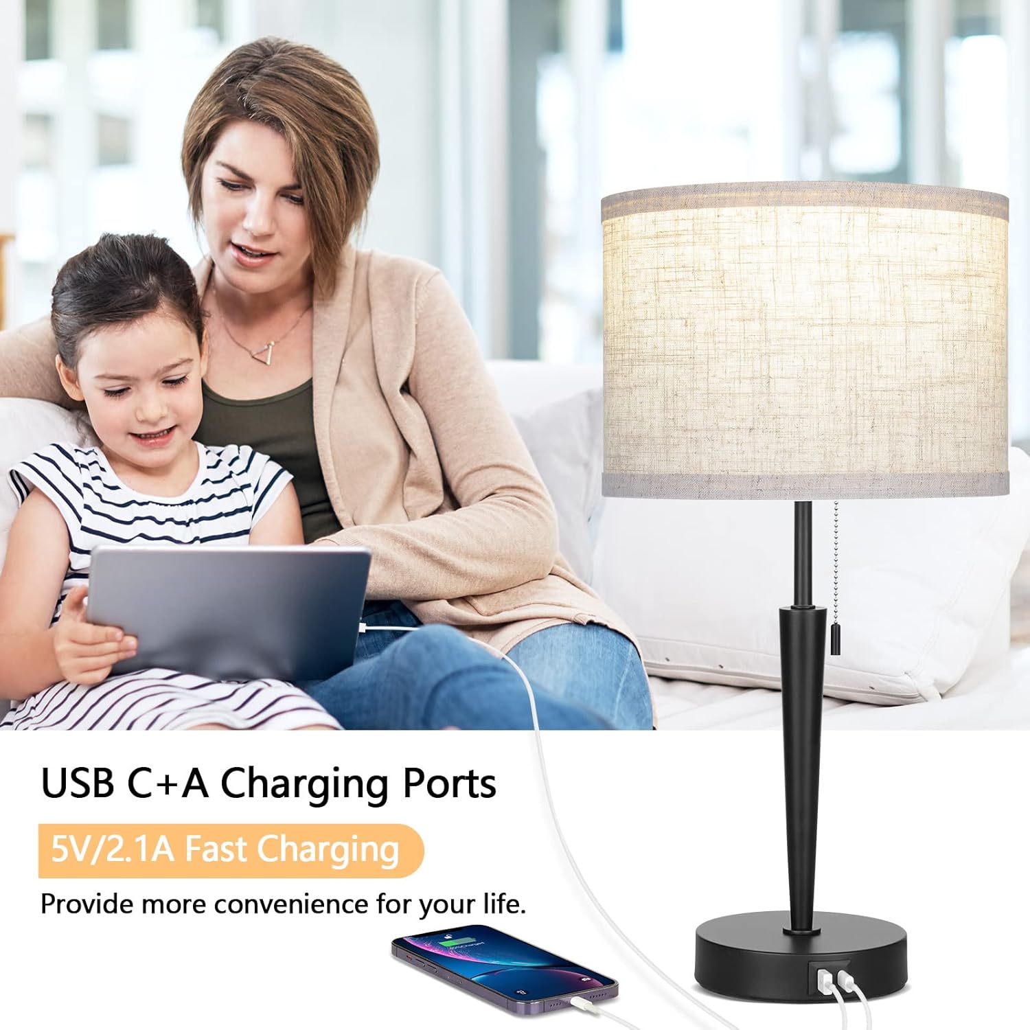 GGOYING Set of 2 Bedroom Table Lamps, Pull Chain Bedside Lamps with USB A & C Charging Ports,5000K LED Bulb,Linen Lampshade for Livingroom, Bedroom, Home