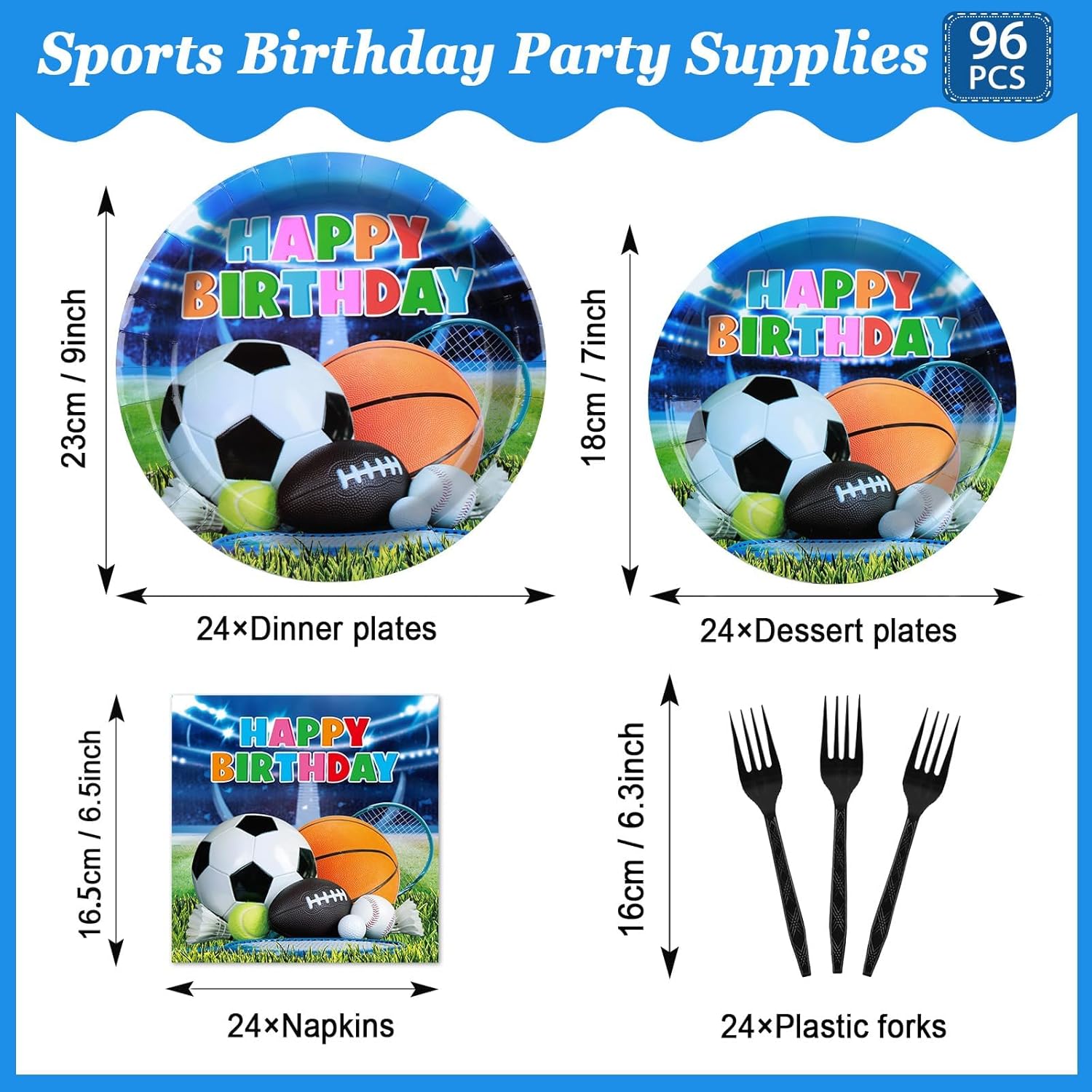 OBUSATT 96Pcs Sport Theme Party Supplies Basketball Paper Plates Napkins All-Star Party Decorations Dinnerware Favor Basketball Forks Football Baseball Soccer Decor Birthday Tableware Serves 24 - Image 2