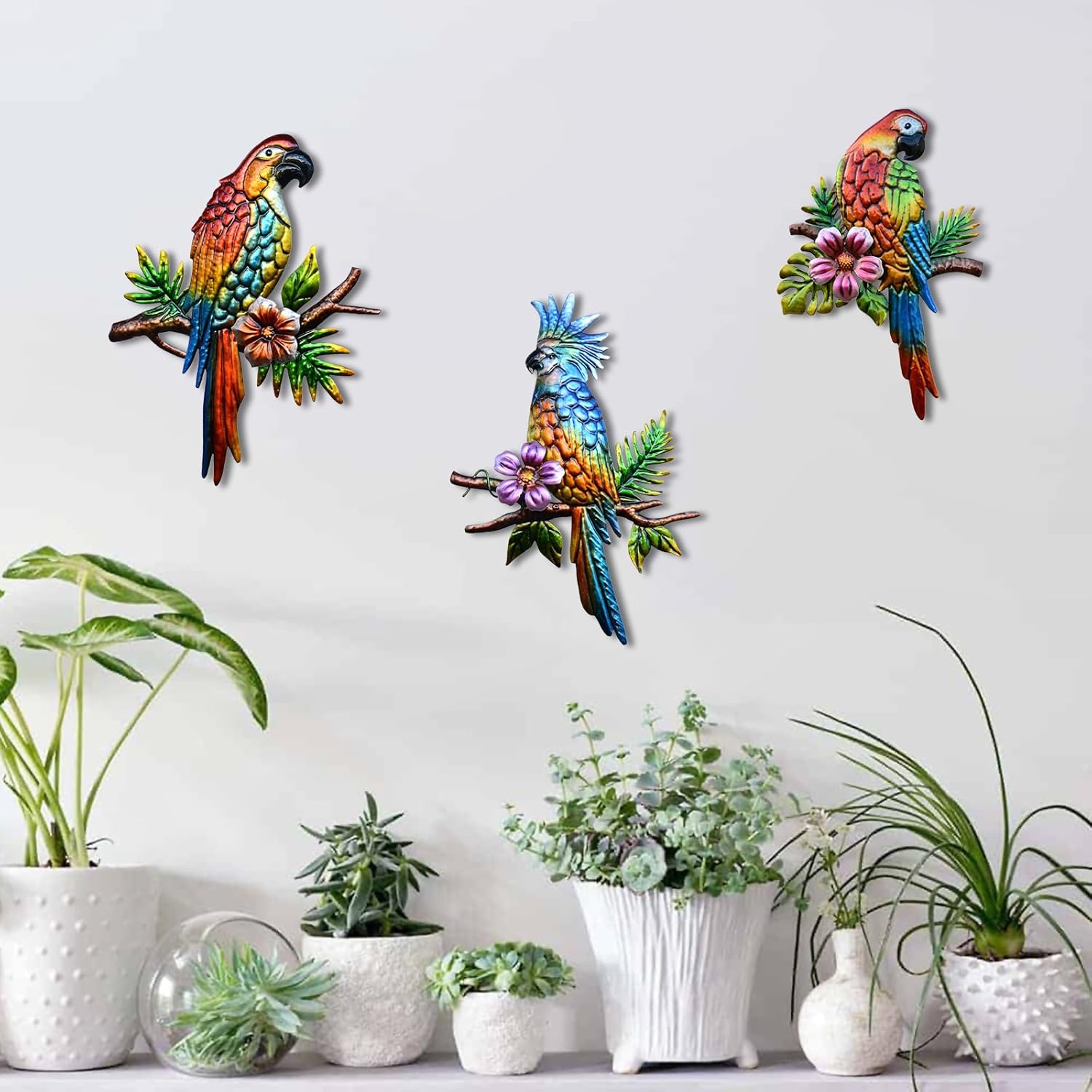 Voumsil 3 Pieces Parrot Metal Wall Art Decor Tropical Bird Hanging Outdoor Decor for Patio Balcony Garden Fence Art Living Bedroom Wall Sculpture Indoor Outdoor…