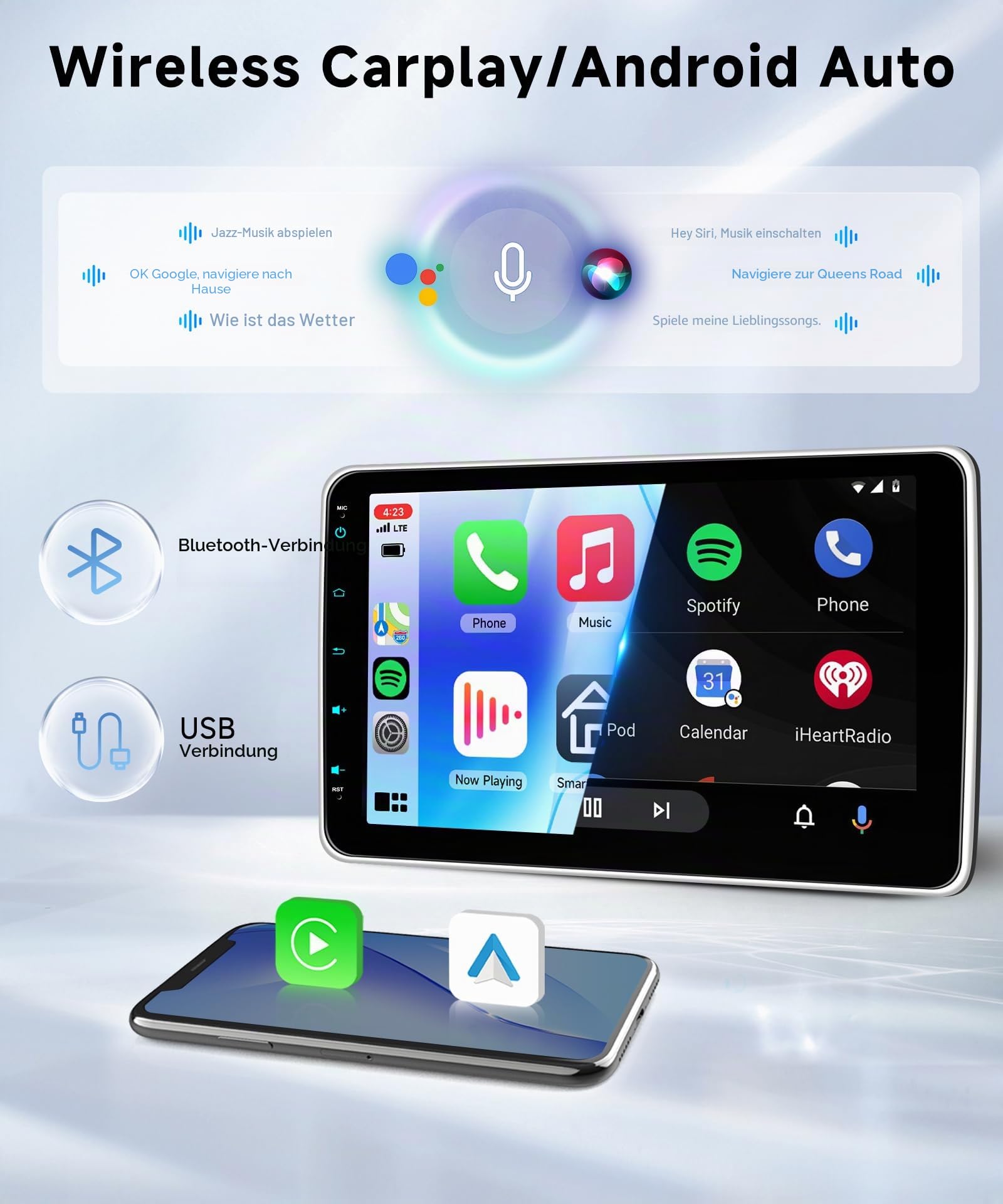 Hodozzy 1 Din RDS Autoradio mit Drahtlose CarPlay Android Auto, 10 Zoll Abnehmbarer Bildschirm mit USB Type-C/Bluetooth 5.2/FM/EQ/SWC+Rückfahrkamera